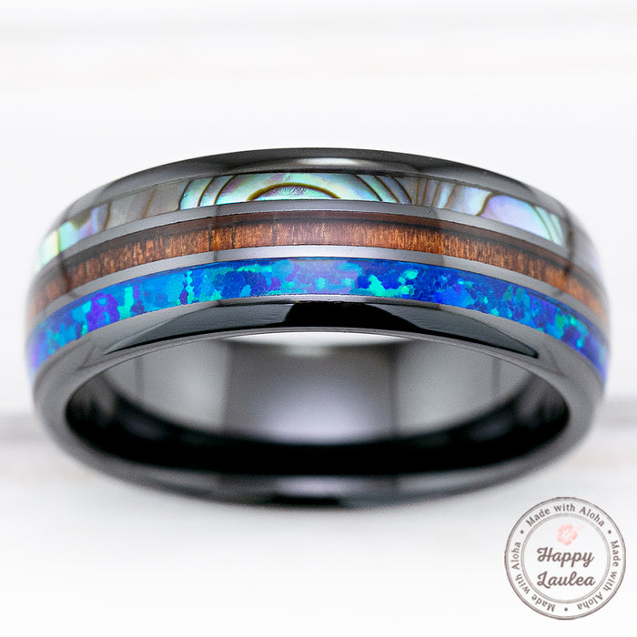 HI-TECH Black Ceramic Ring with Abalone Shell, Koa Wood & Opal Inlay - 8mm, Dome Shape, Comfort Fitment