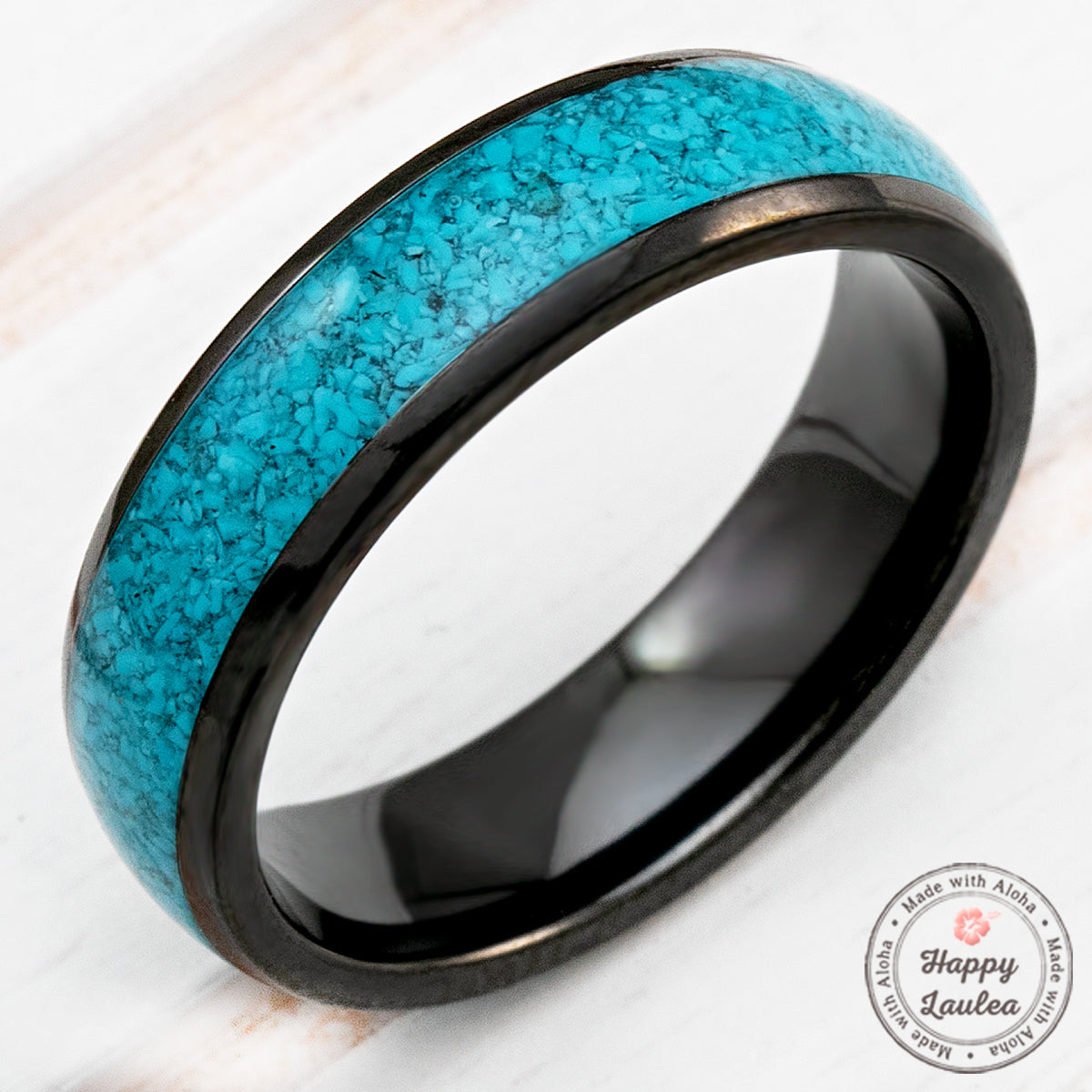 Black Zirconium Ring with Crushed Turquoise Inlay - 6mm, Dome Shape, Comfort Fitment