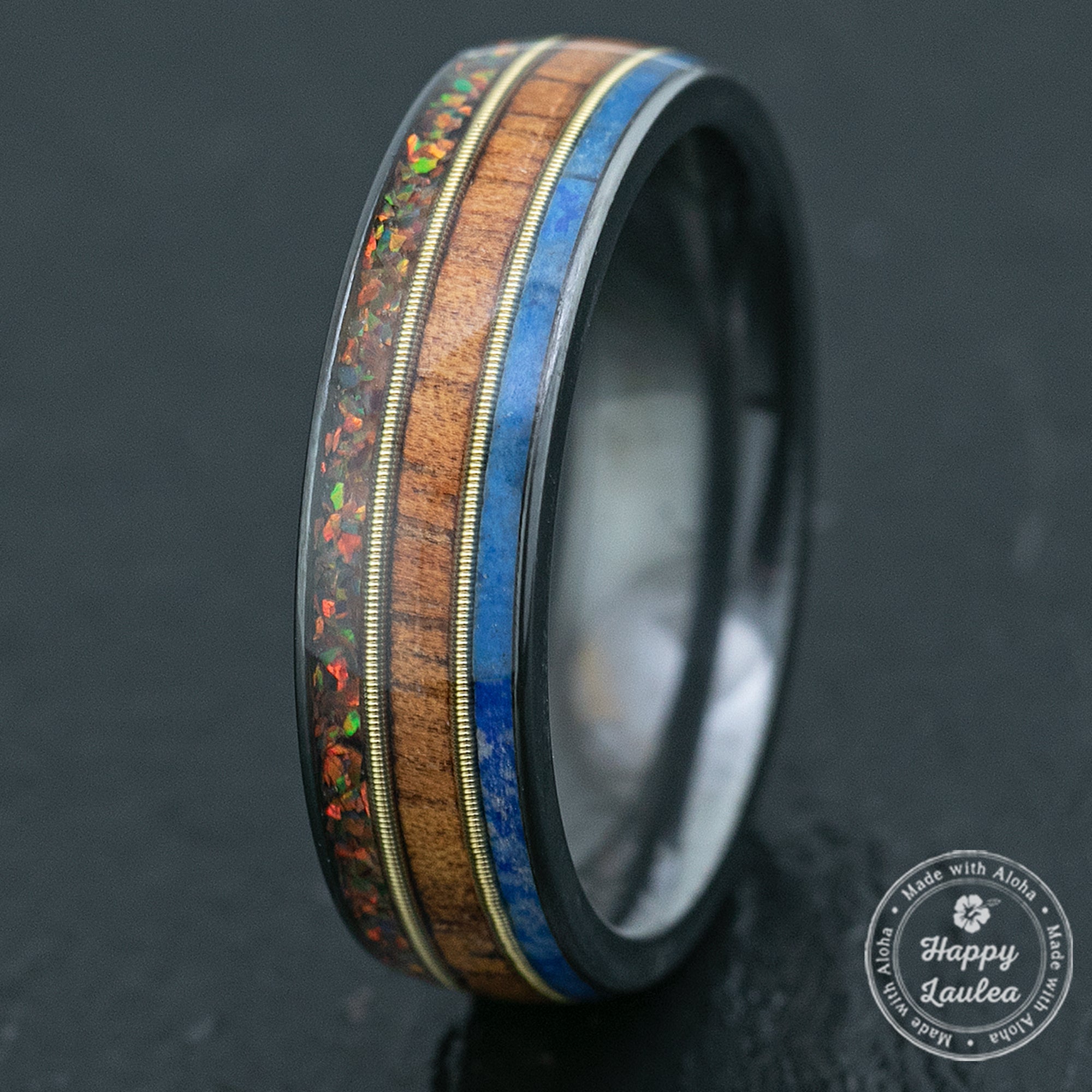 Zirconium Ring with Mid Guitar String / Fire Opal + Hawaiian Koa Wood + Lapis /  6mm / Dome Shape & Comfort Fitment