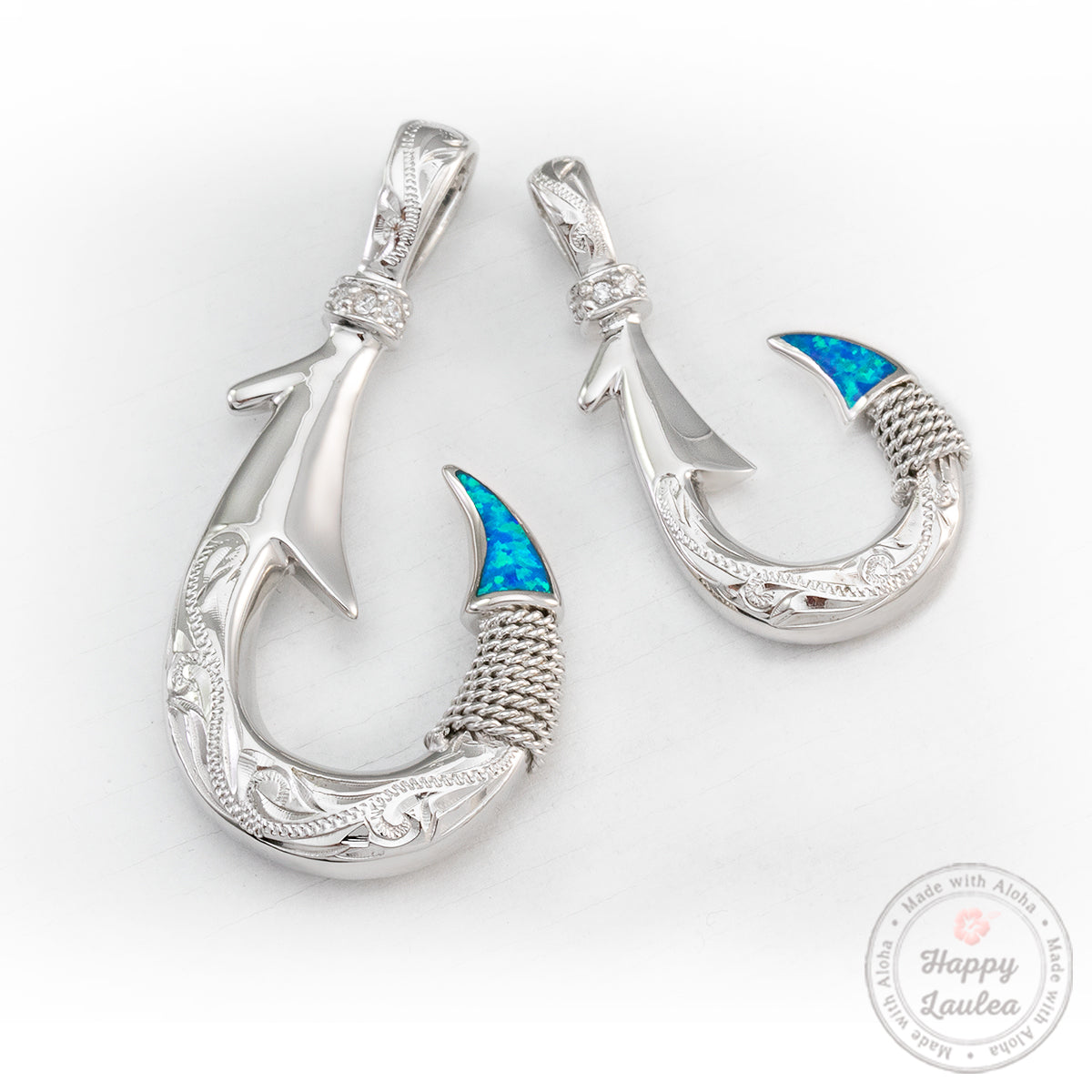 925 Sterling Silver Hawaiian Jewelry Hand Engraved Fish Hook Pendant with Blue Opal Inlay - Chain Included
