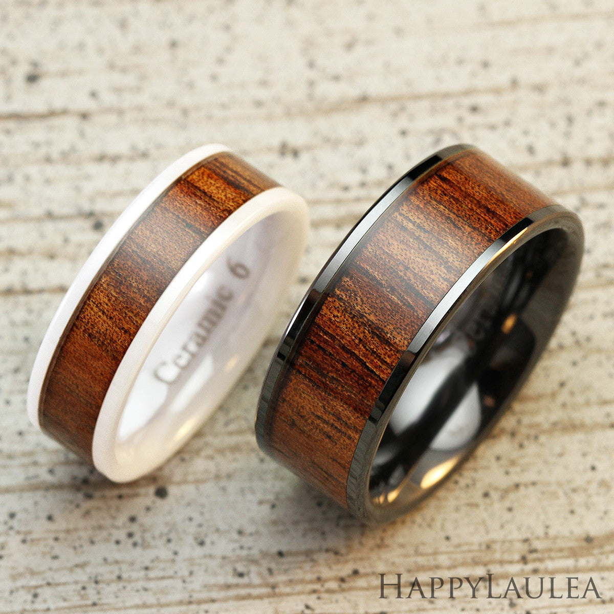 Pair of 6&8mm HI-TECH Ceramic Assorted Ring Set with Koa Wood Inlay - Flat Shape, Comfort Fitment