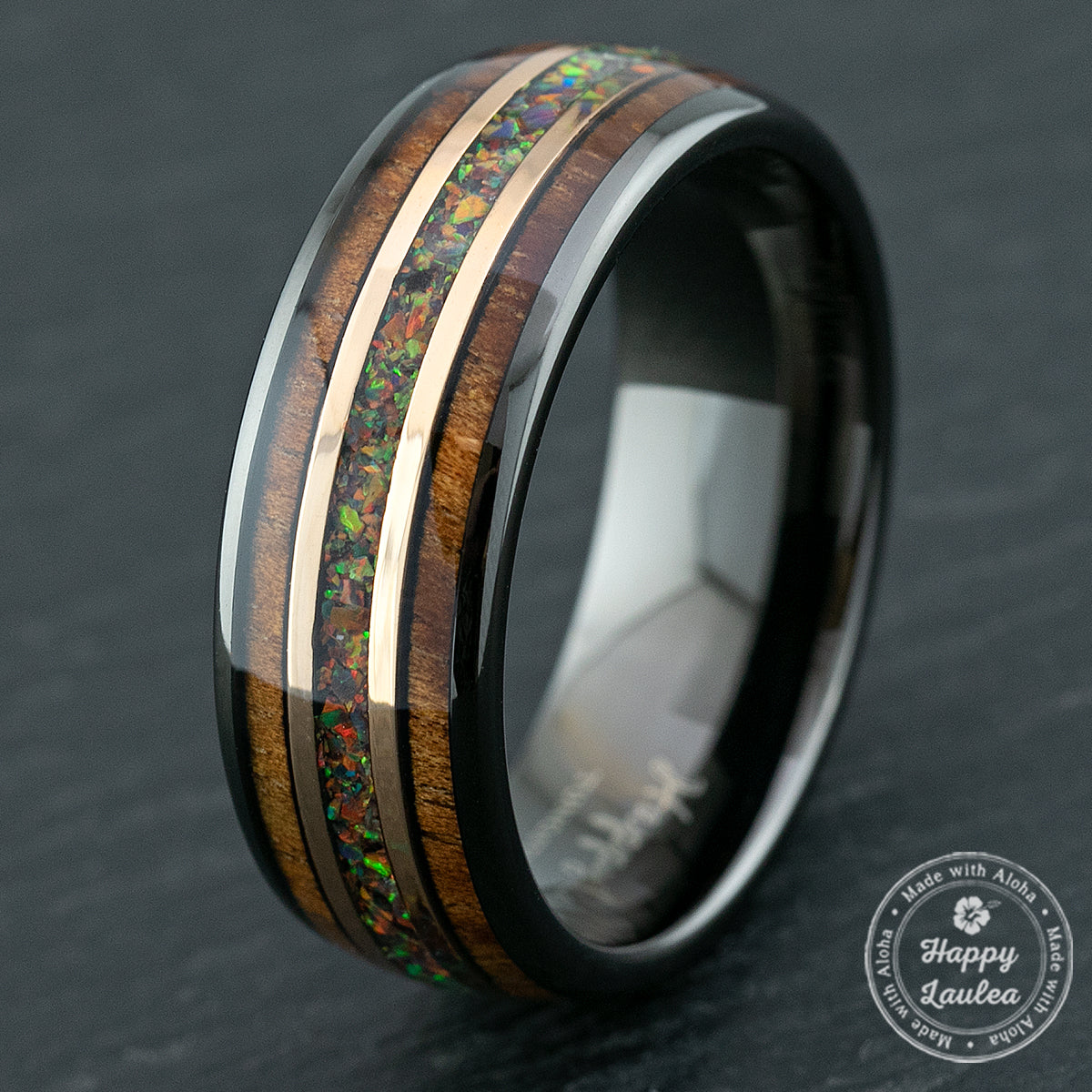 Gun Grey Tungsten Rose Gold Mid-Strip Ring with Fire Opal & Hawaiian Koa Wood Tri-Inlay - 8mm, Dome Shape, Comfort Fitment