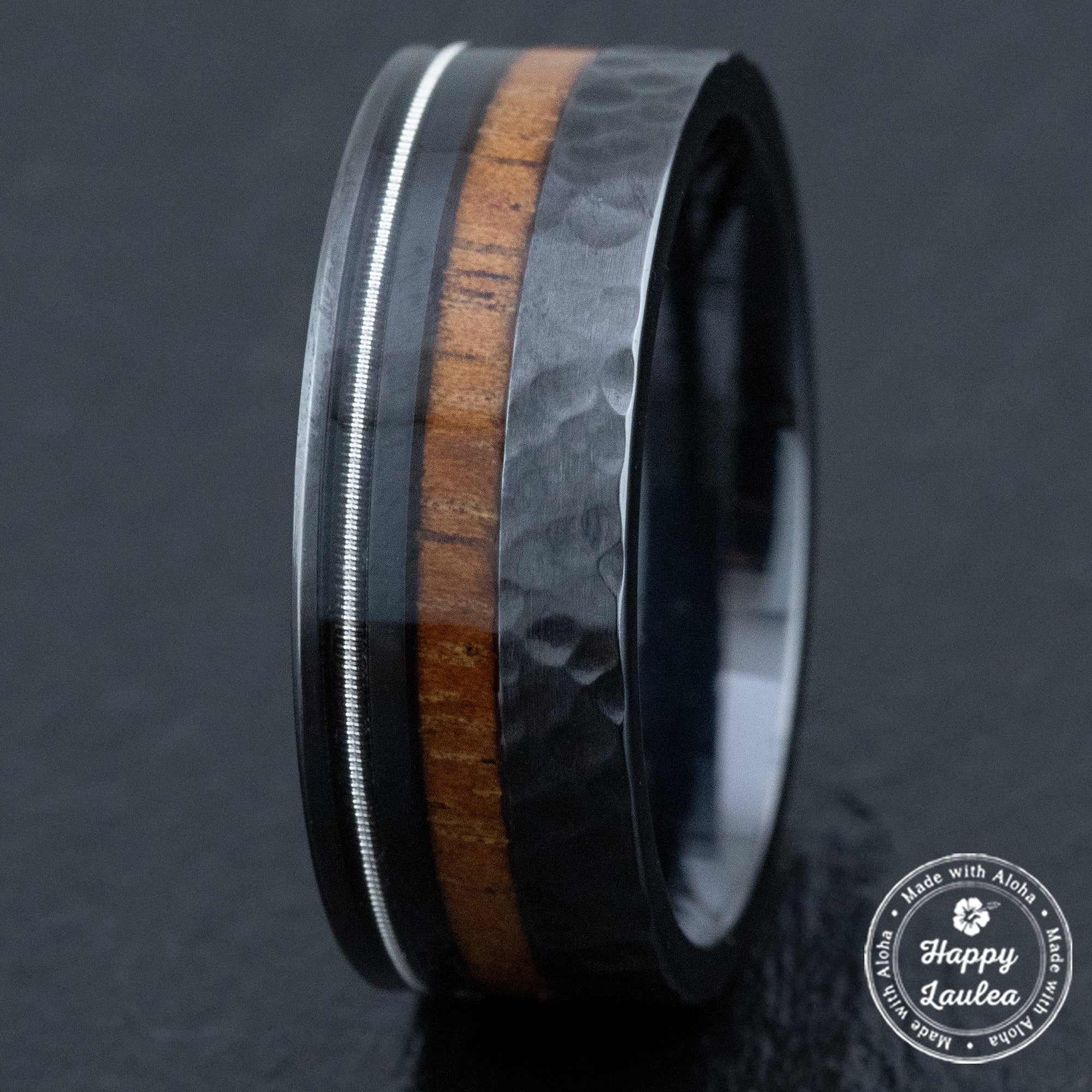 Black Titanium Hammered Finish Ring [9mm width] Offset Guitar String & Hawaiian Koa Wood - Flat Shape