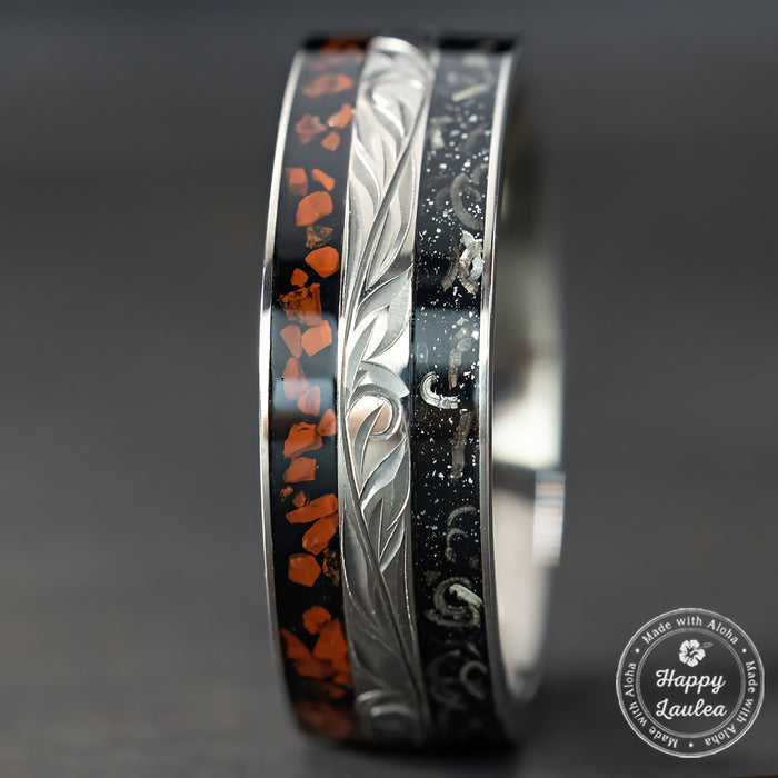 Titanium Hand Engraved Ring [8mm width] Dinosaur Bone & Meteorite Inlay - Flat Shape, Comfort Fitment