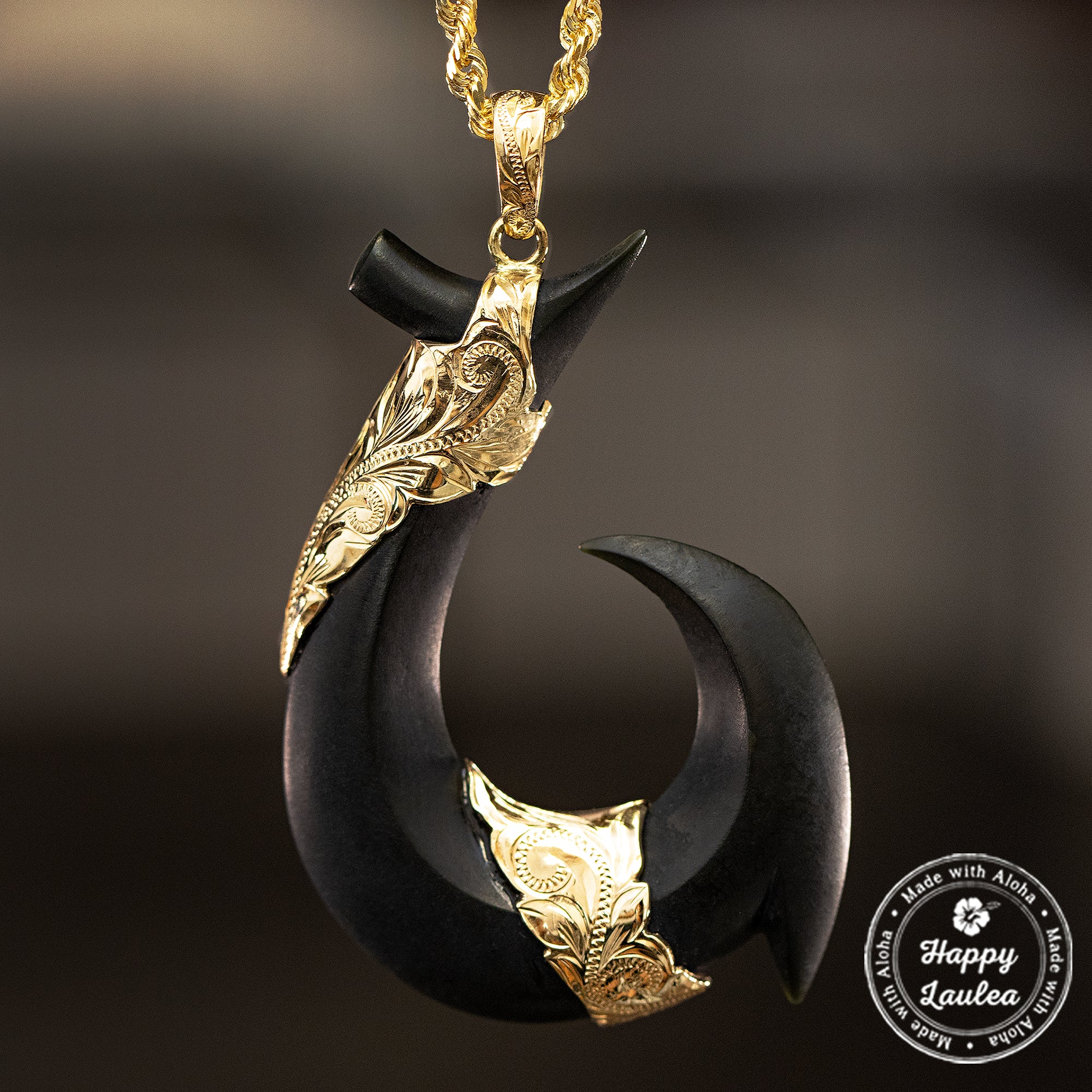 14K Gold Black Jade Hawaiian Fish Hook Pendant