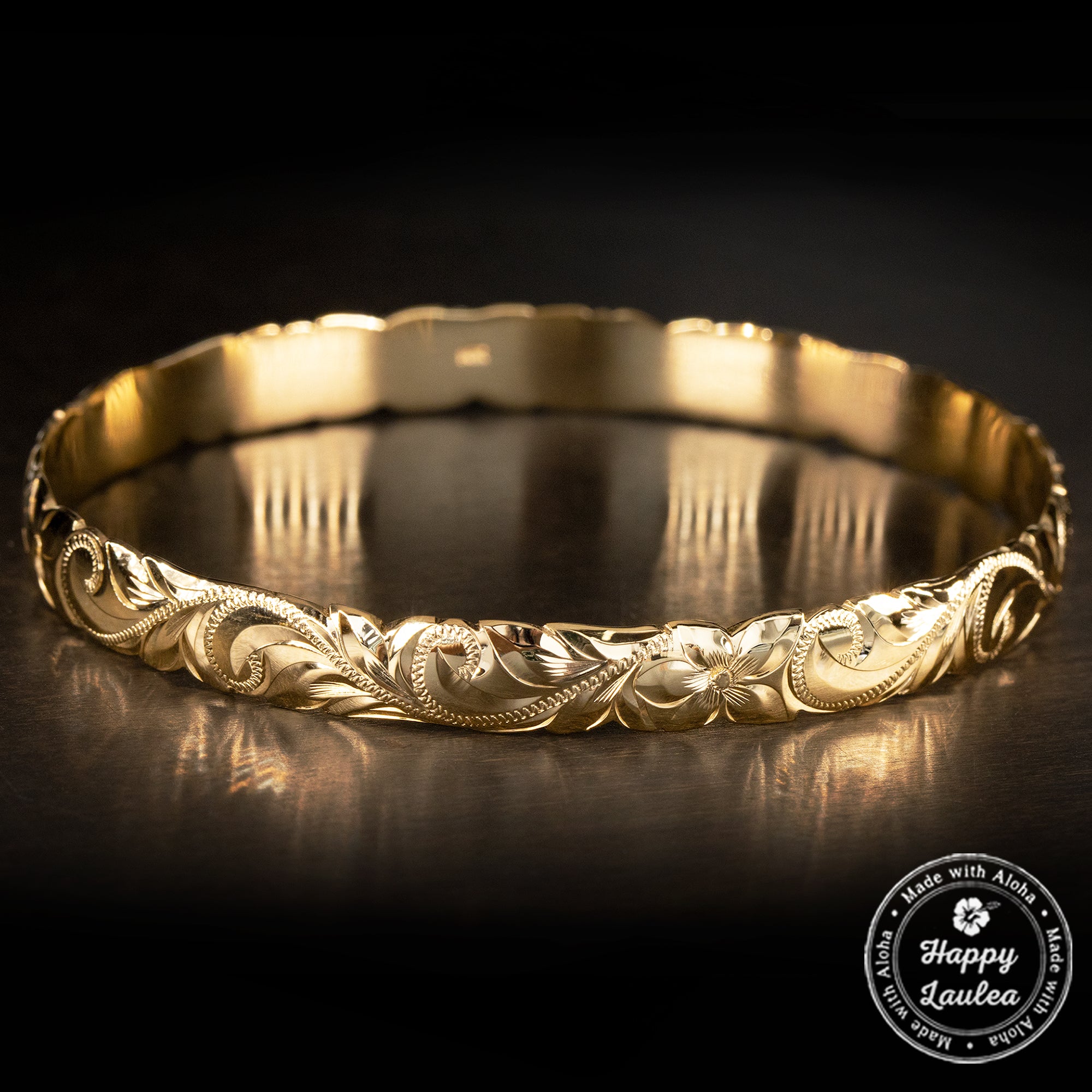 14K Gold Hawaiian Heirloom Bangle with Cutout Wave Edges [8mm width] Barrel Shape