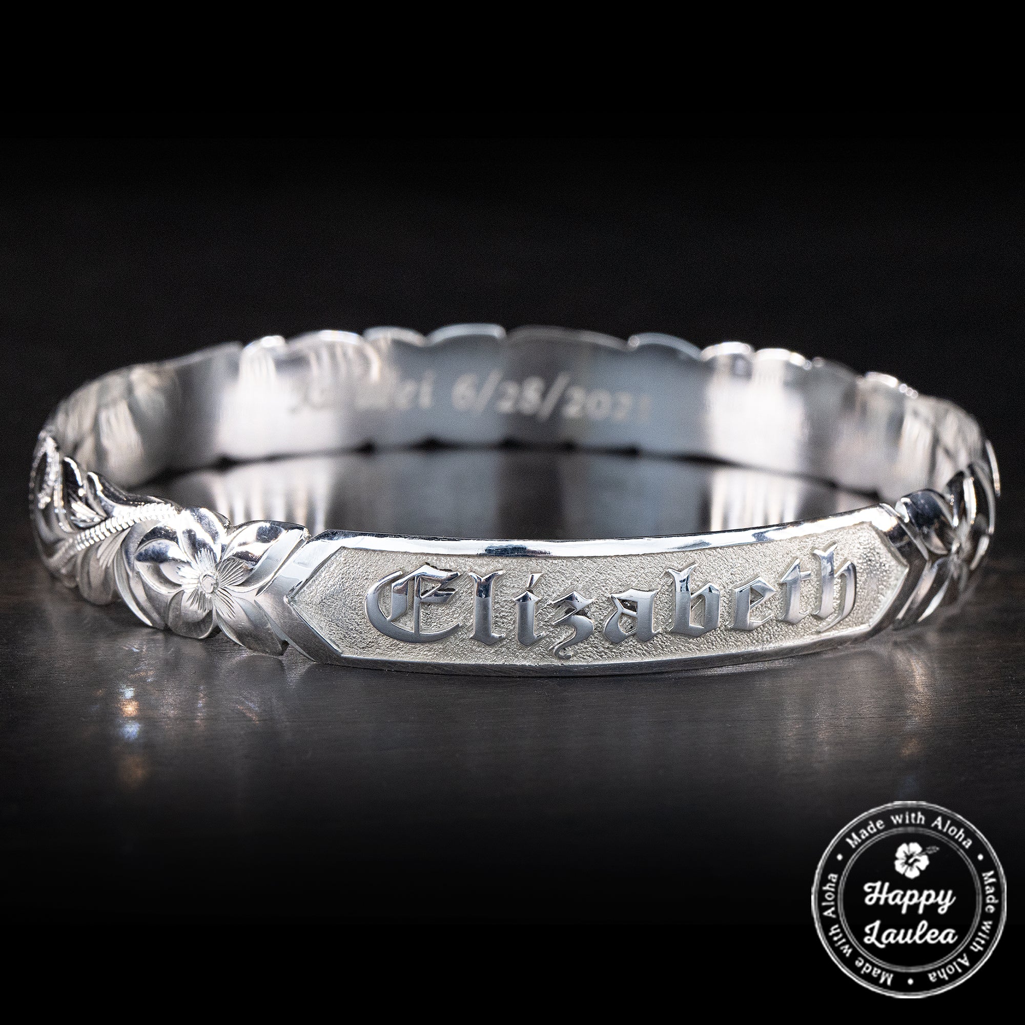 Sterling Silver Personalized Name Bangle & Cutout Wave Edges [10mm] Hand Engraved Hawaiian Heritage Design