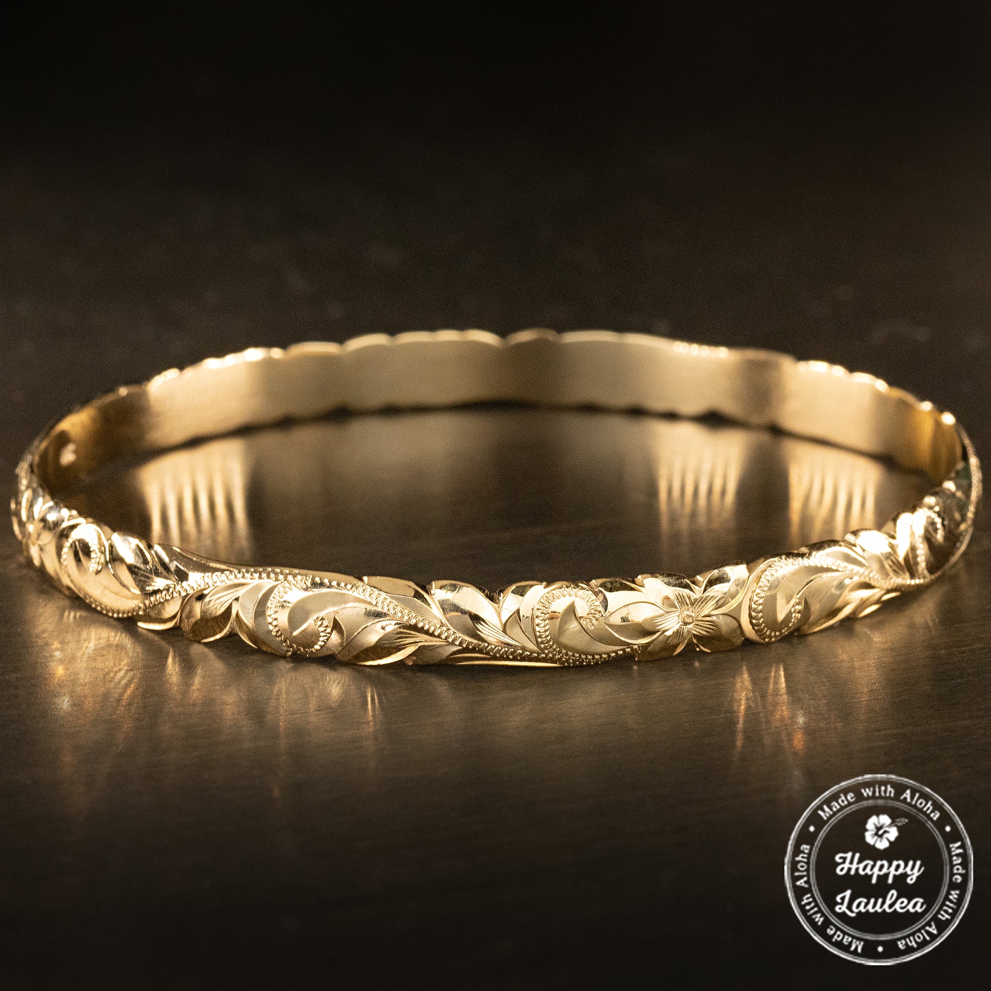 14K Gold Hawaiian Heirloom Bangle with Cutout Wave Edges [6mm width] Barrel Shape