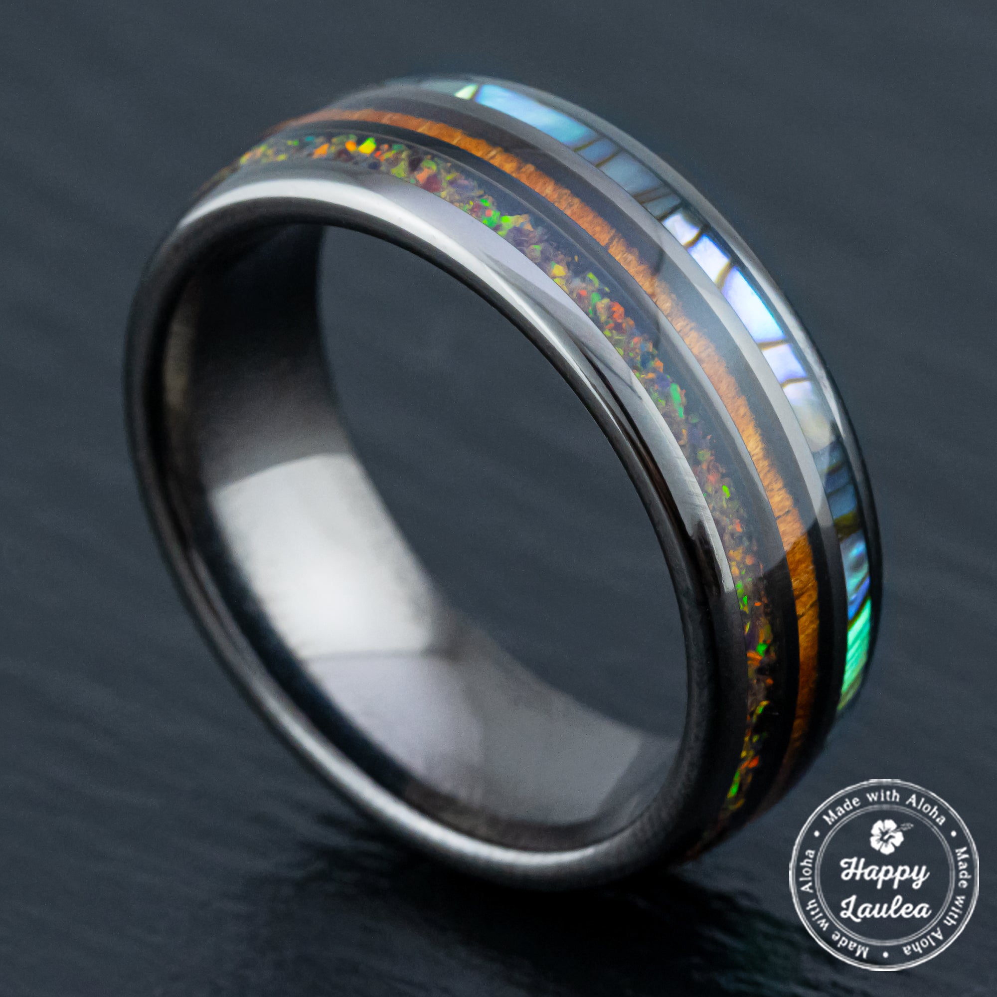 Gun Grey Tungsten Carbide Ring [8mm width] Abalone Shell, Fire Opal, & Hawaiian Koa Wood Tri-Inlay - Barrel Shape