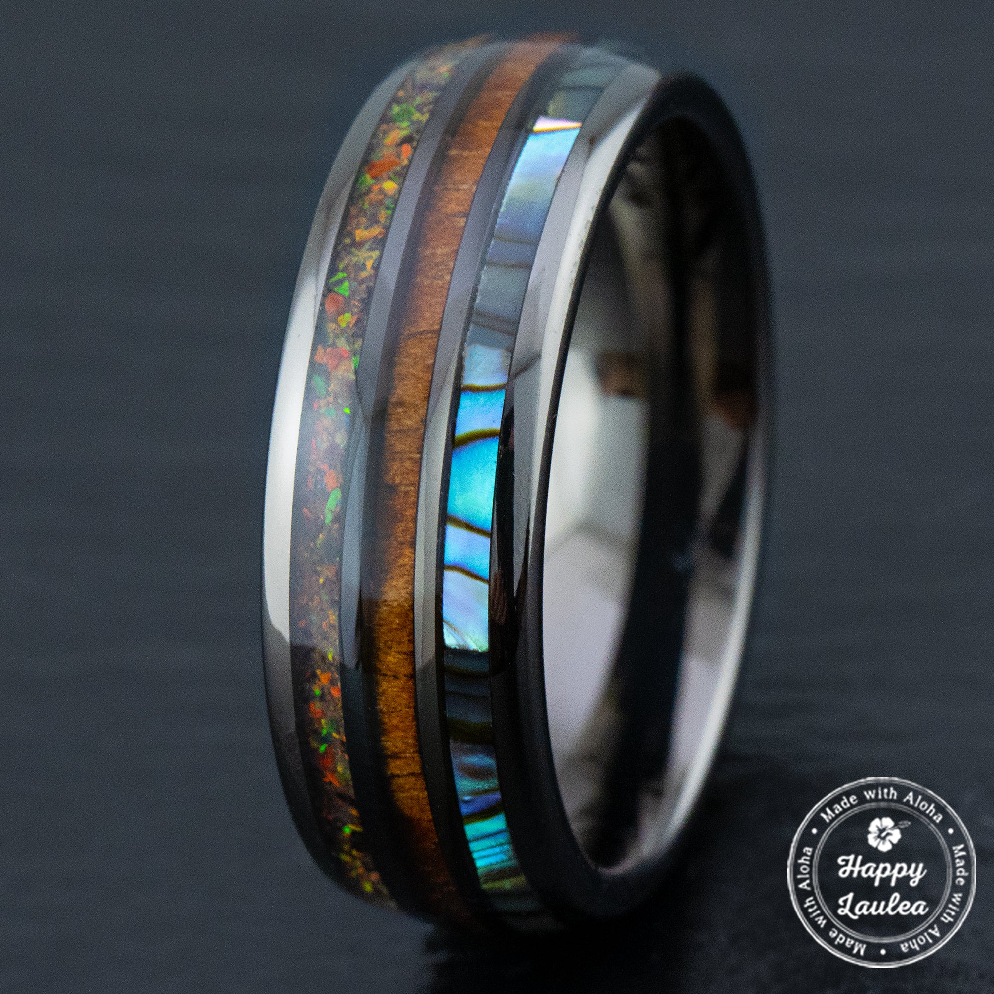 Gun Grey Tungsten Carbide Ring [8mm width] Abalone Shell, Fire Opal, & Hawaiian Koa Wood Tri-Inlay - Barrel Shape