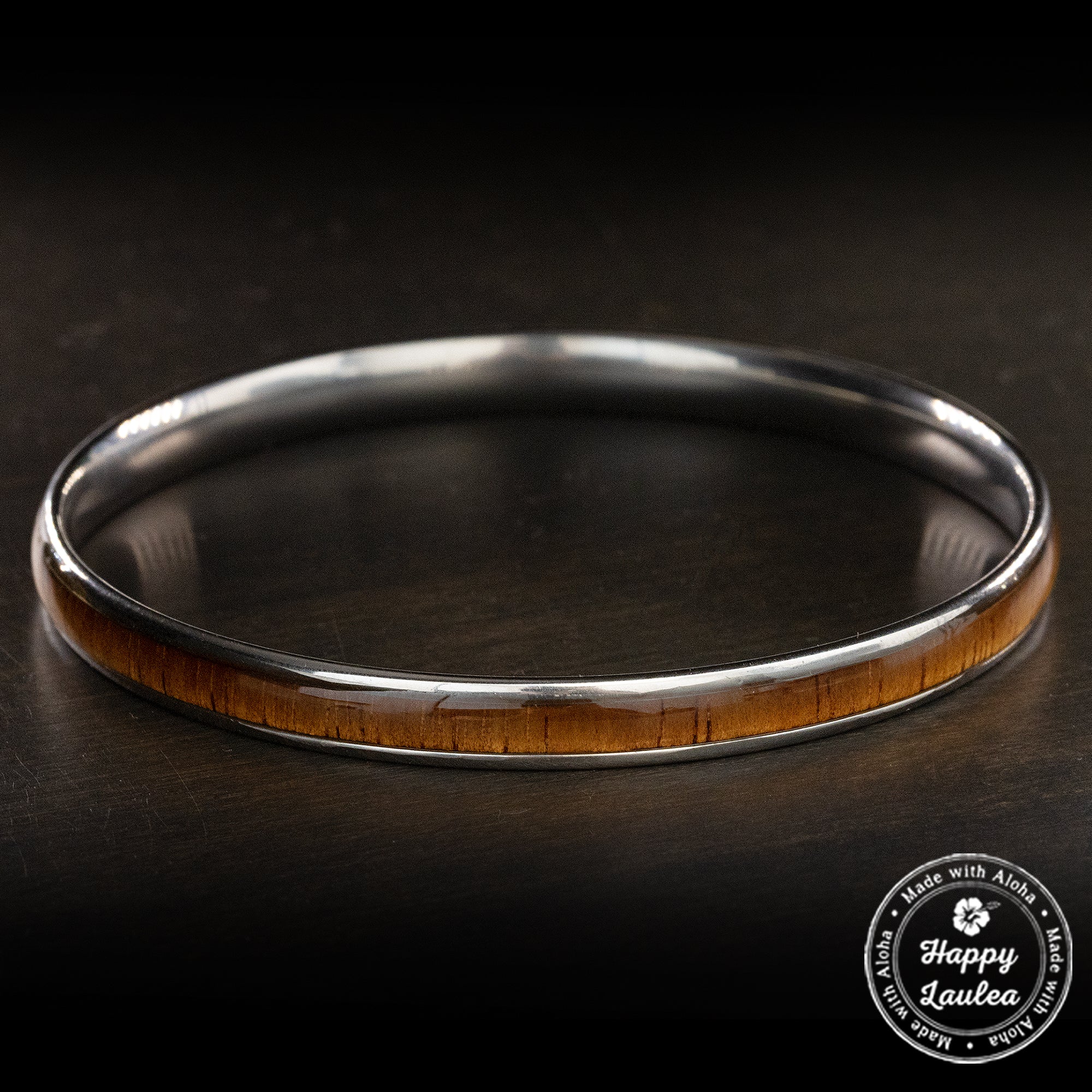 Stainless Steel Bangle [6mm width] Hawaiian Koa Wood Inlay