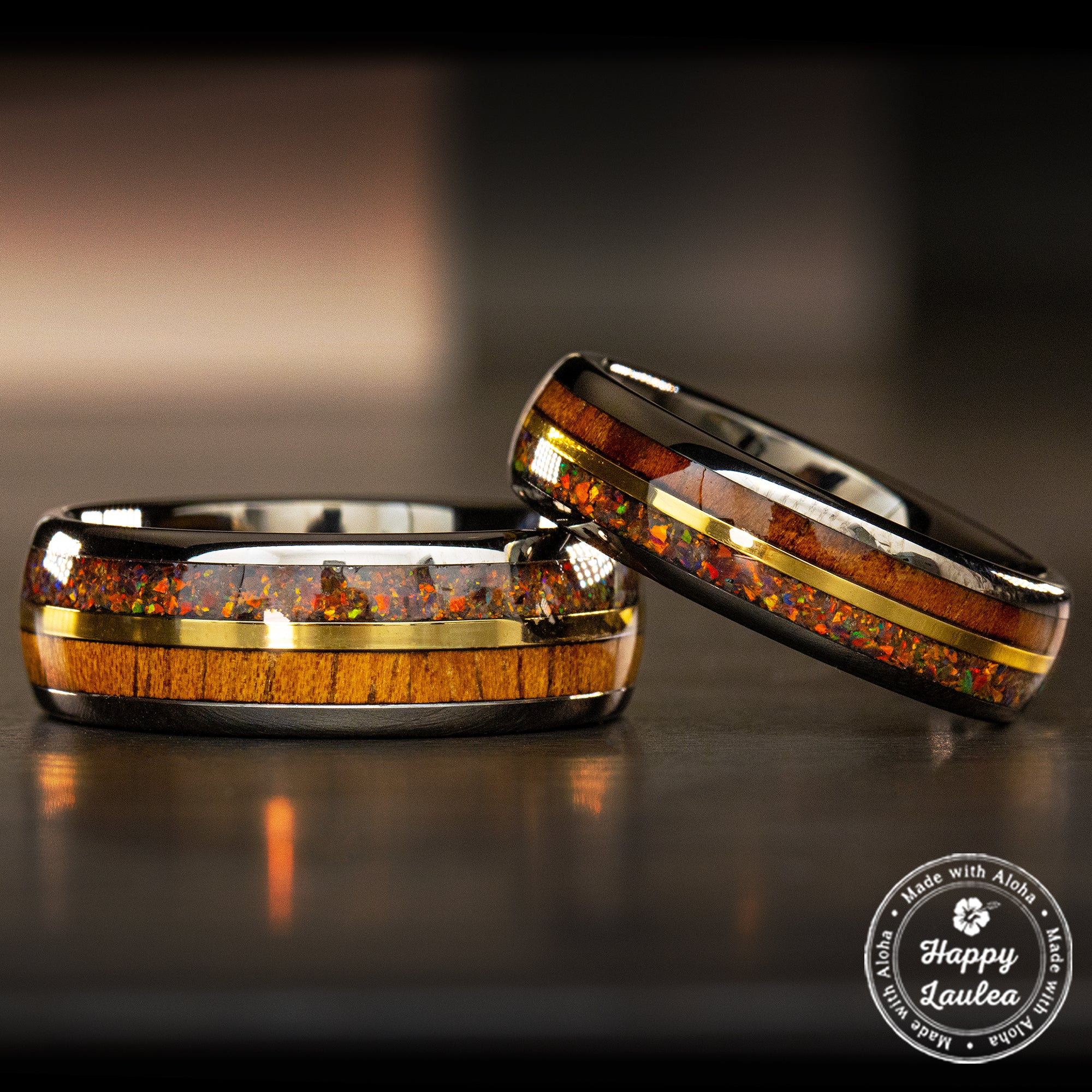Pair of Gunmetal Tungsten Carbide Mid-Gold Strip Ring Set [6&8mm widths] Fire Opal & Hawaiian Koa Wood - Barrel Shape, Comfort Fitment
