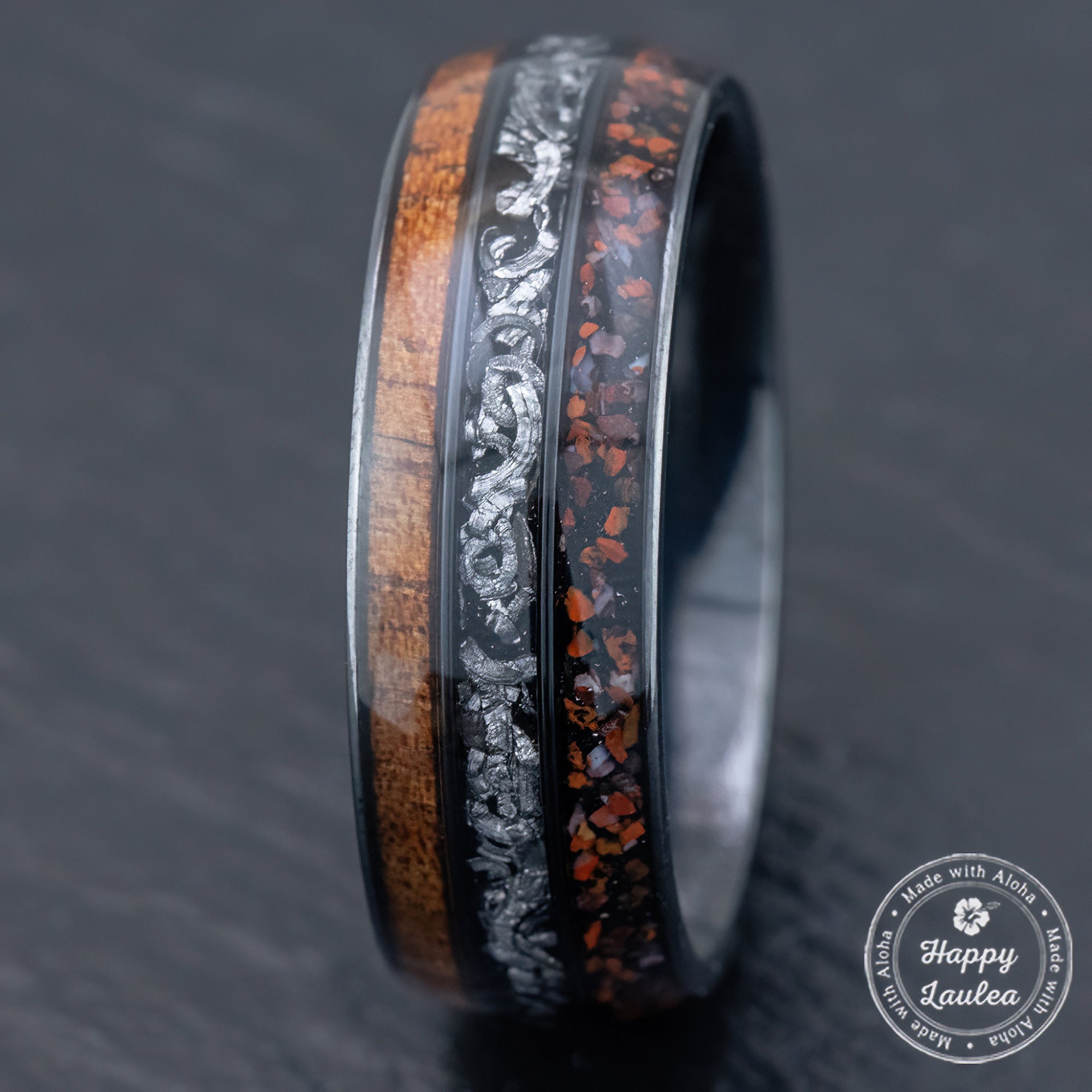 Black Titanium Ring 'Circle of Life' [8mm width] Hawaiian Koa Wood, Meteorite, Dinosaur Bone