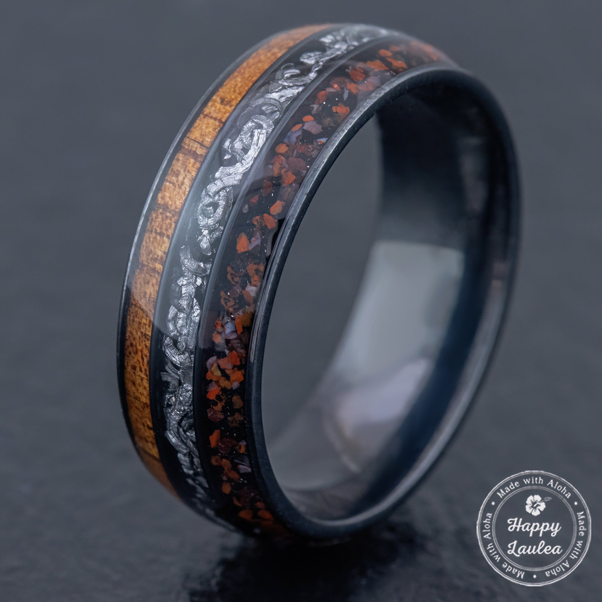 Black Titanium Ring 'Circle of Life' [8mm width] Hawaiian Koa Wood, Meteorite, Dinosaur Bone