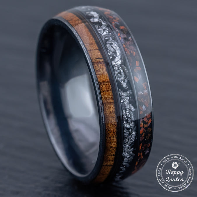 Black Titanium Ring 'Circle of Life' [8mm width] Hawaiian Koa Wood, Meteorite, Dinosaur Bone