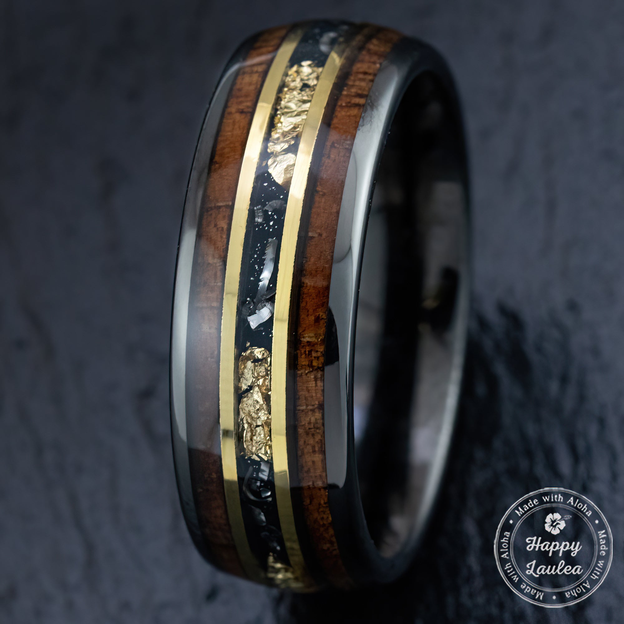 Gun Grey Tungsten Carbide Ring [8mm width] 18K Gold Flake, Meteorite, & Hawaiian Koa Wood