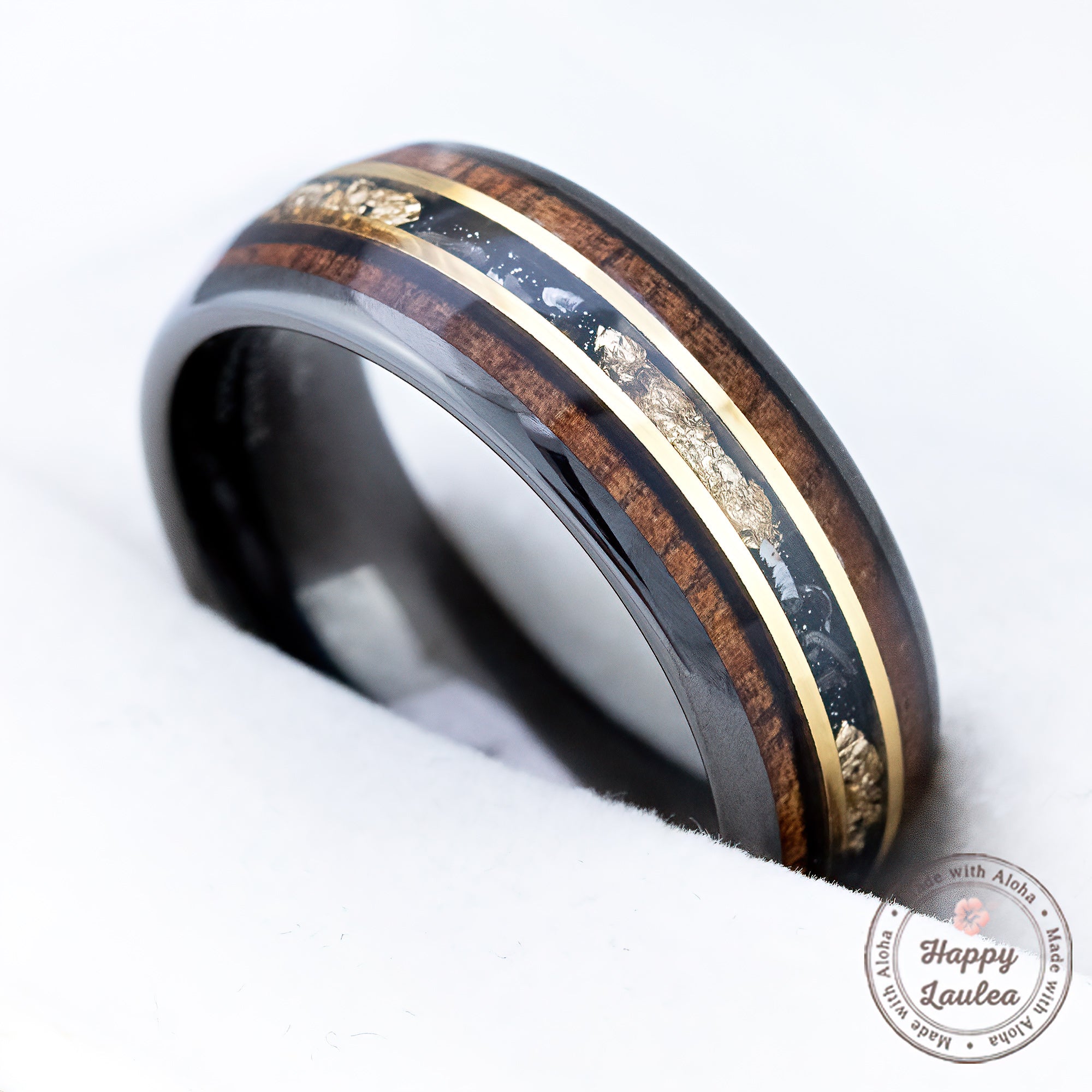 Gun Grey Tungsten Carbide Ring [8mm width] 18K Gold Flake, Meteorite, & Hawaiian Koa Wood