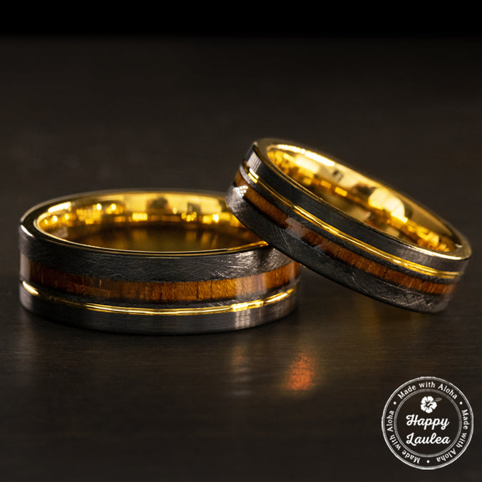 Pair of Black & Gold Tungsten Carbide Ring with Offset strip & Koa Wood Inlay [6&8mm width] Flat Shape, Comfort Fitment