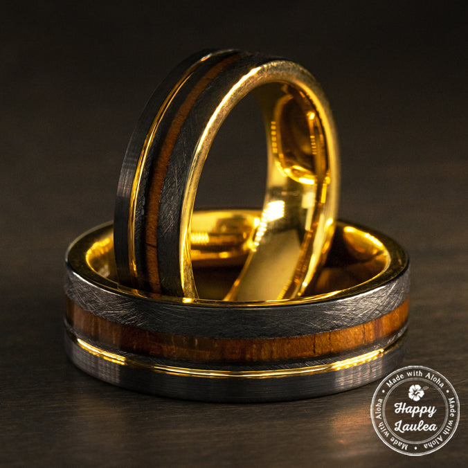 Pair of Black & Gold Tungsten Carbide Ring with Offset strip & Koa Wood Inlay [6&8mm width] Flat Shape, Comfort Fitment