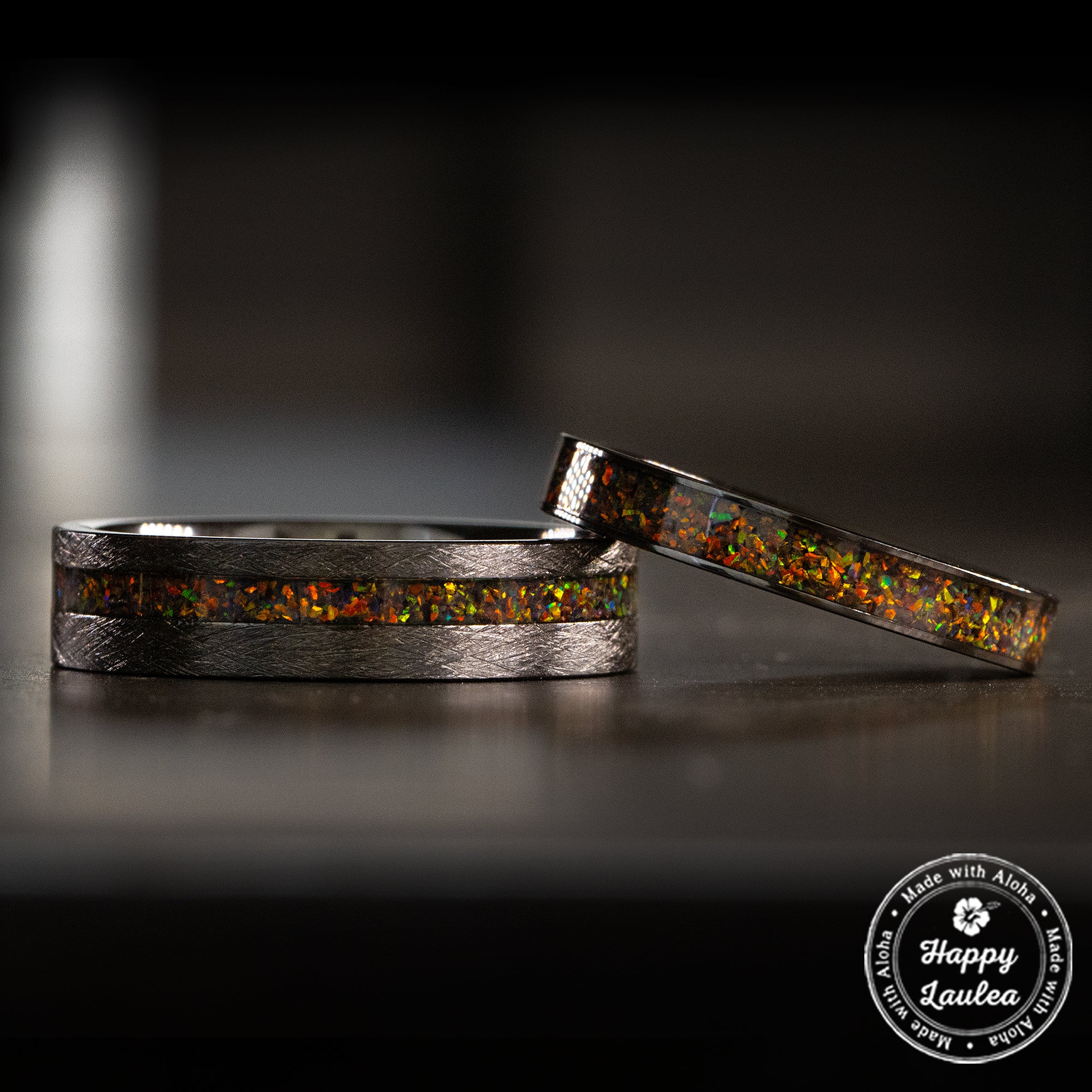 Pair of Zirconium Rings [4&6mm  width] Fire Opal Inlay - Flat Shape, Comfort Fitment