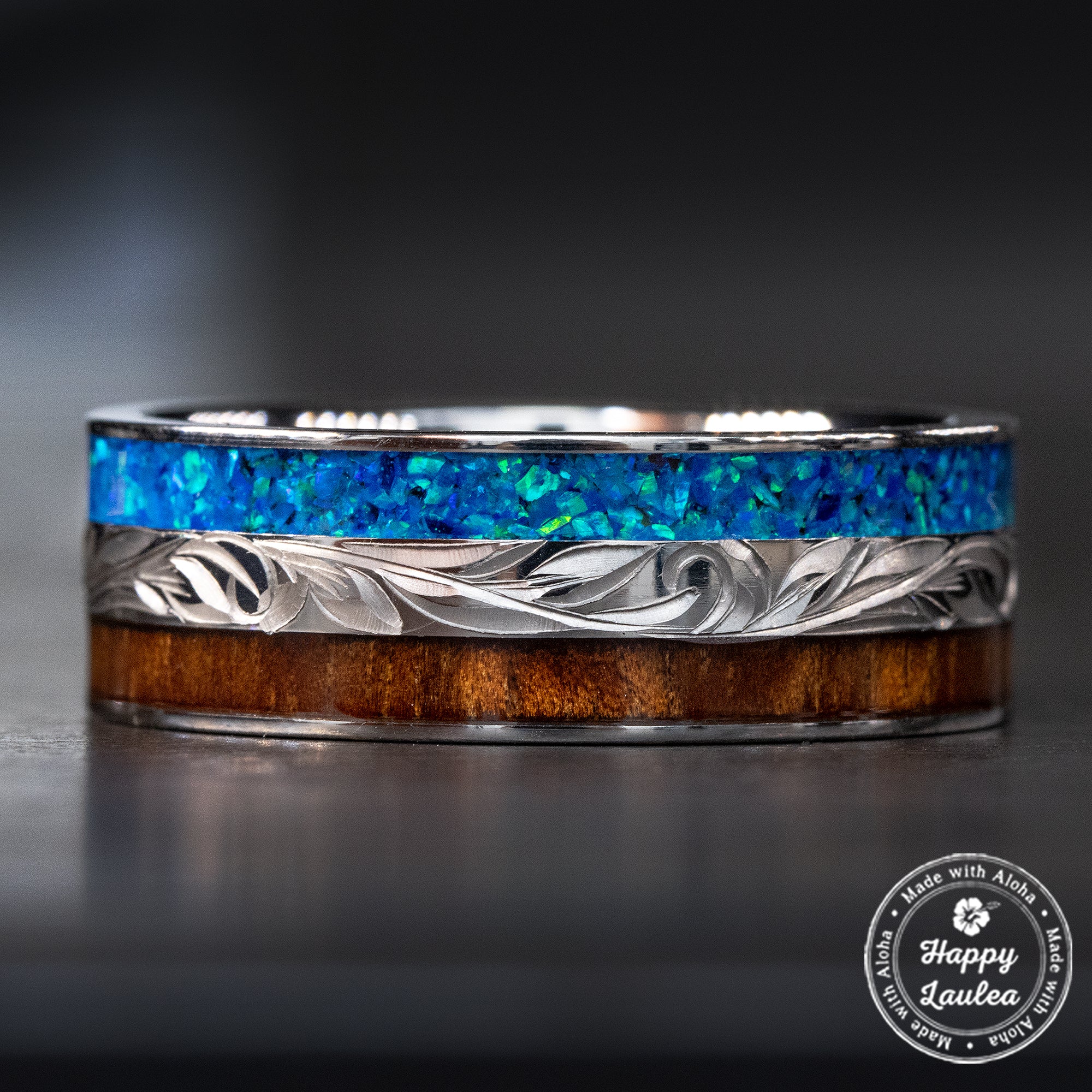 Titanium Hand Engraved Ring [8mm width] Azure Blue Opal & Hawaiian Koa Wood Inlay - Flat Shape, Comfort Fitment