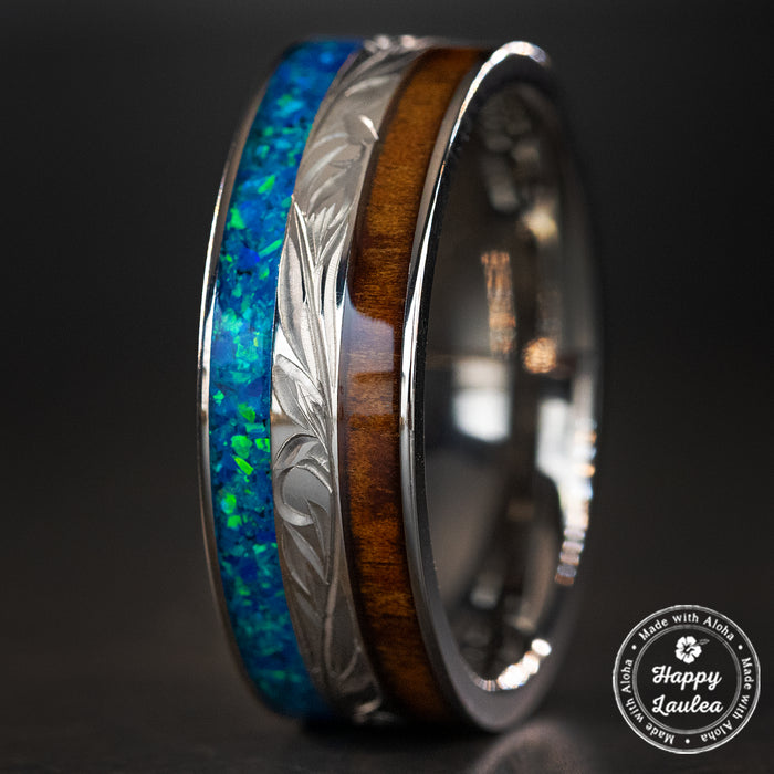 Titanium Hand Engraved Ring [8mm width] Azure Blue Opal & Hawaiian Koa Wood Inlay - Flat Shape, Comfort Fitment