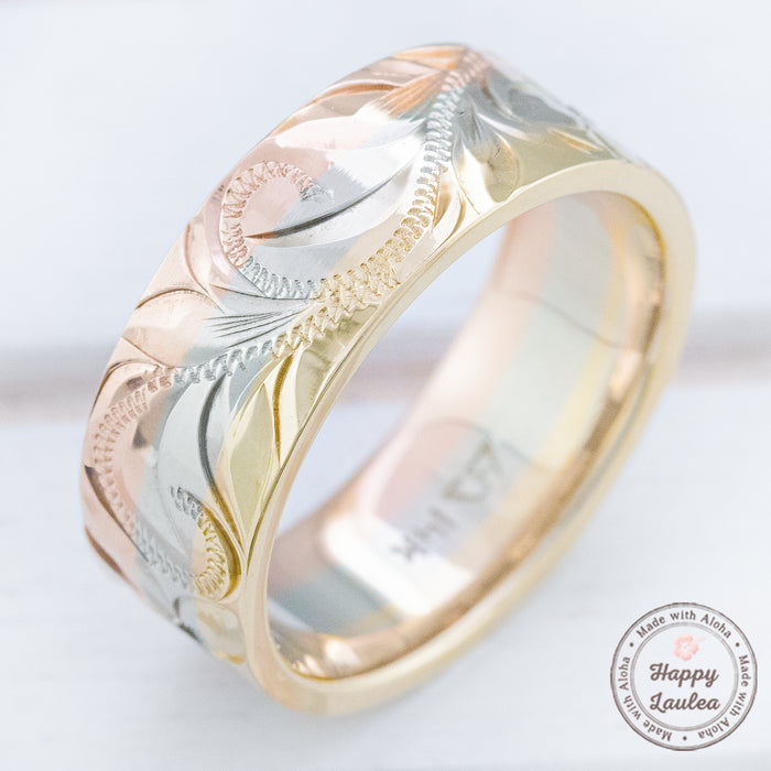 14K Tri-Gold Ring [7.5mm width] Old English Hawaiian Jewelry Design