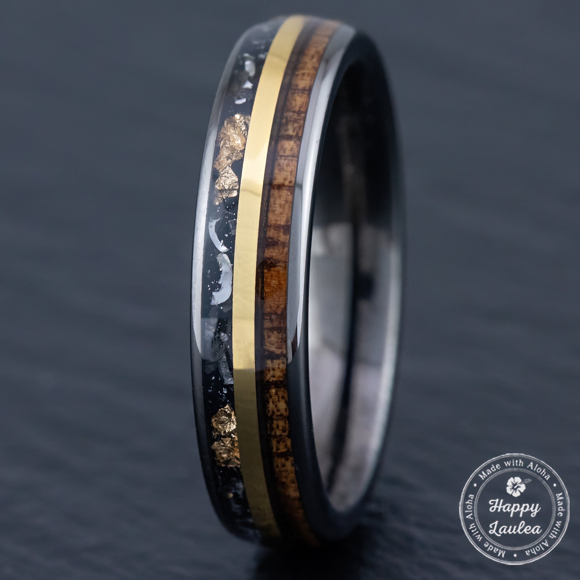 Gun Grey Tungsten Carbide Ring [6mm width] 18K Gold Flake, Meteorite, & Hawaiian Koa Wood