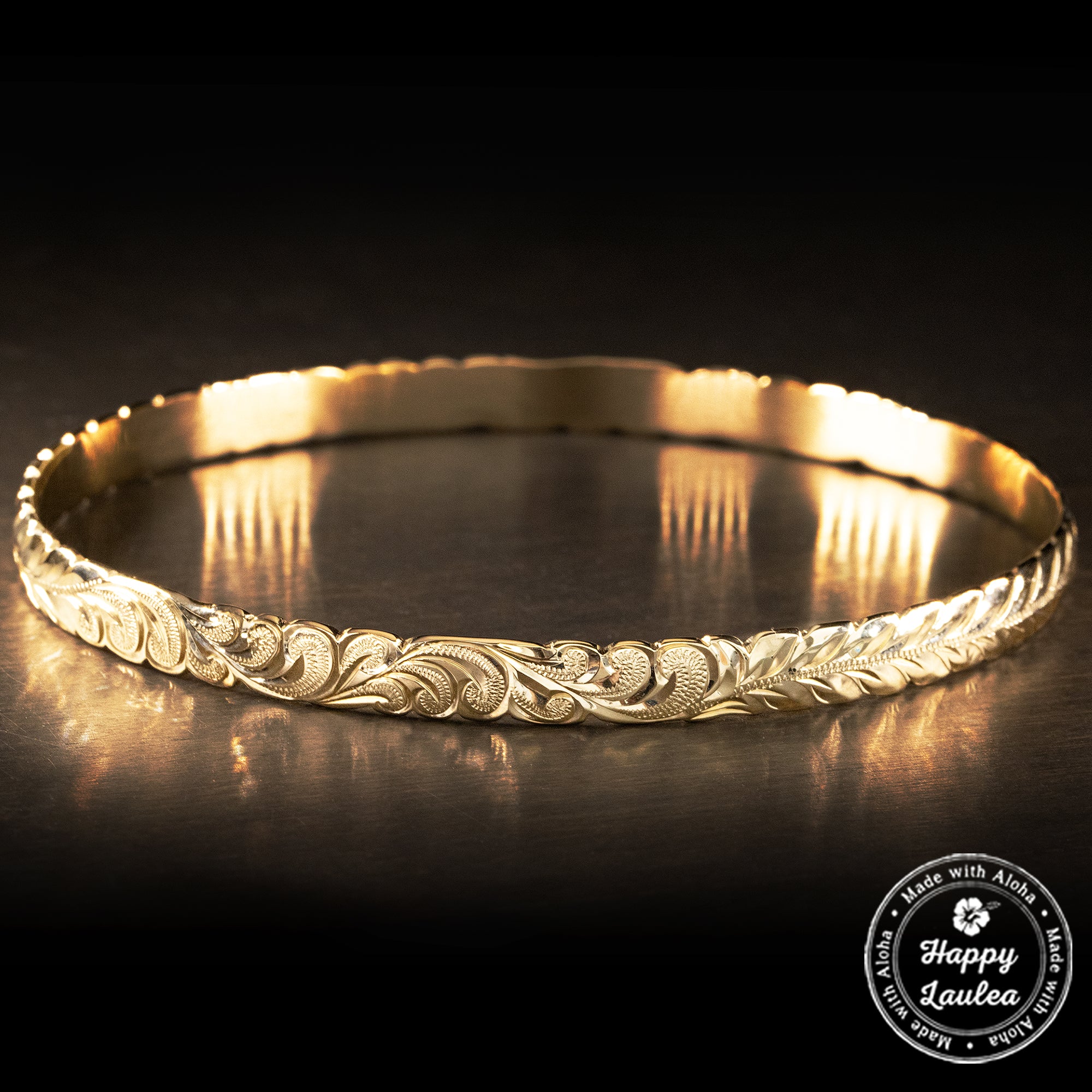 14K Gold Hawaiian Heirloom Maile & Scroll Bangle with Cutout Wave Edges [6mm width] Barrel Shape