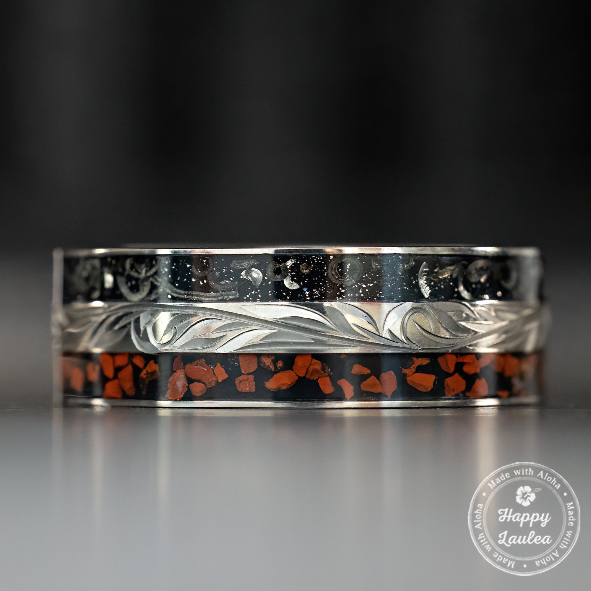 Titanium Hand Engraved Ring [8mm width] Dinosaur Bone & Meteorite Inlay - Flat Shape, Comfort Fitment