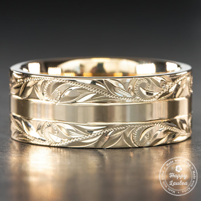 Solid Gold/Platinum Contemporary Hawaiian Jewelry Ring [8mm width] Hand Engraved Old English