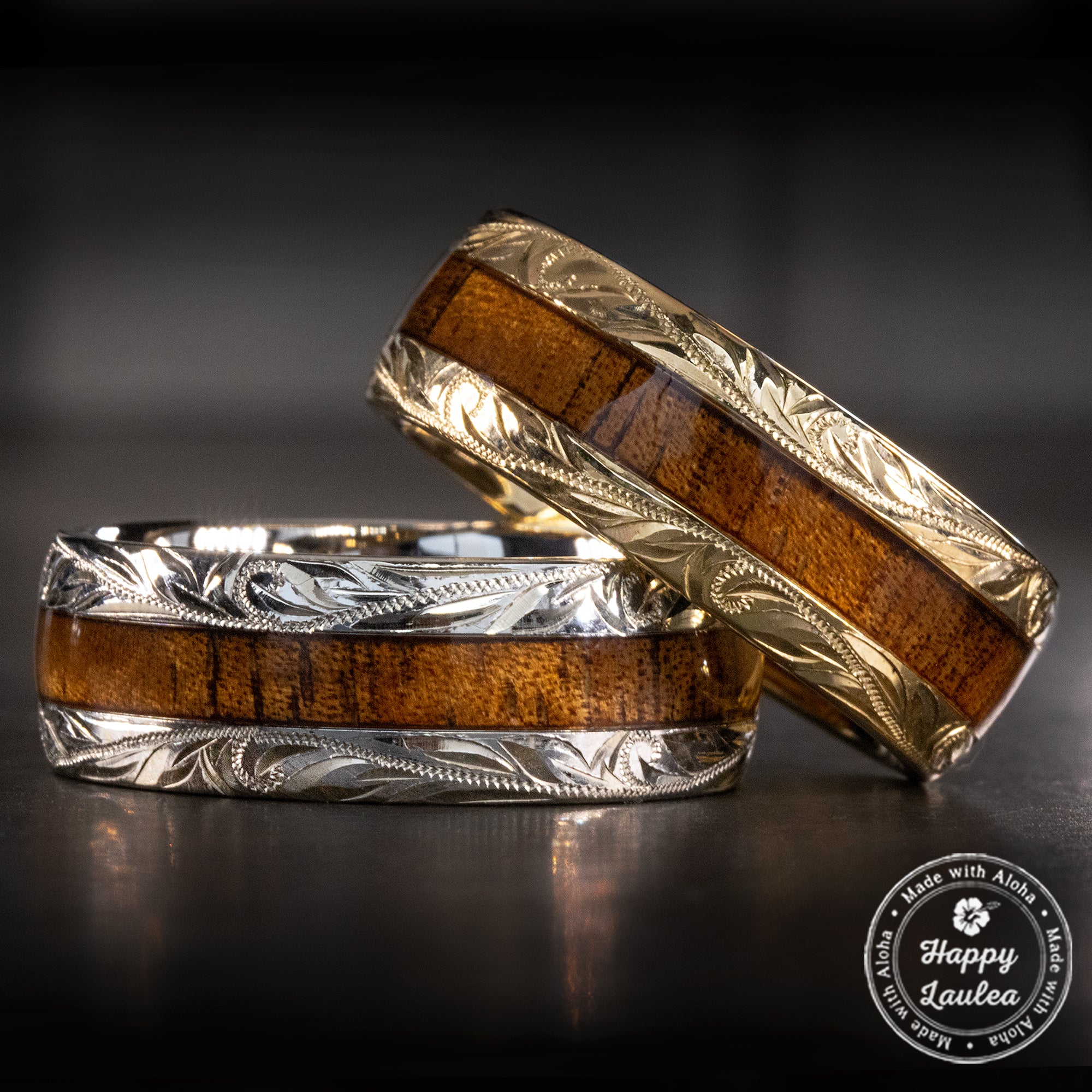 14K Gold Hand Engraved Ring [8mm width] Hawaiian Koa Wood Inlay