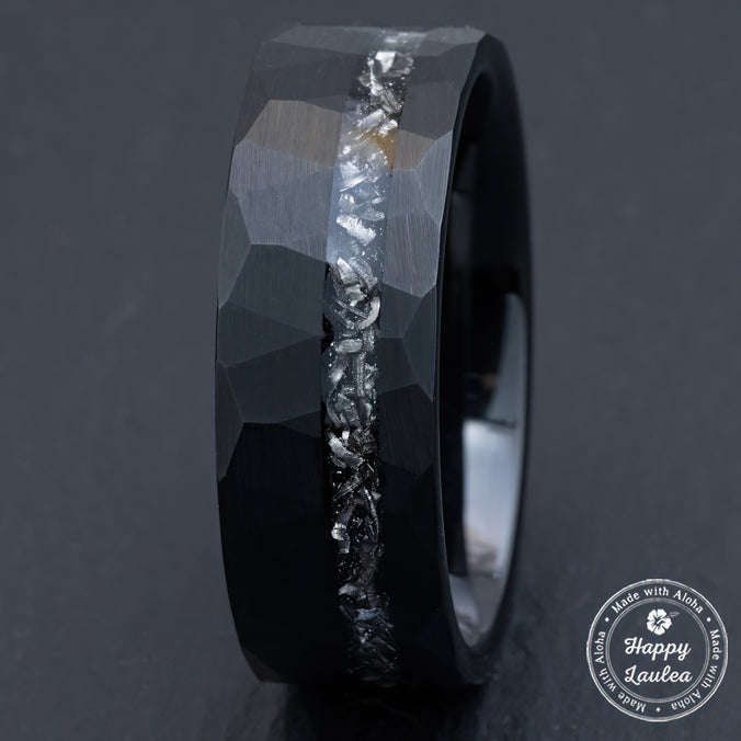 Black Tungsten Hammered Stonewashed Ring [8mm width] Meteorite Inlay