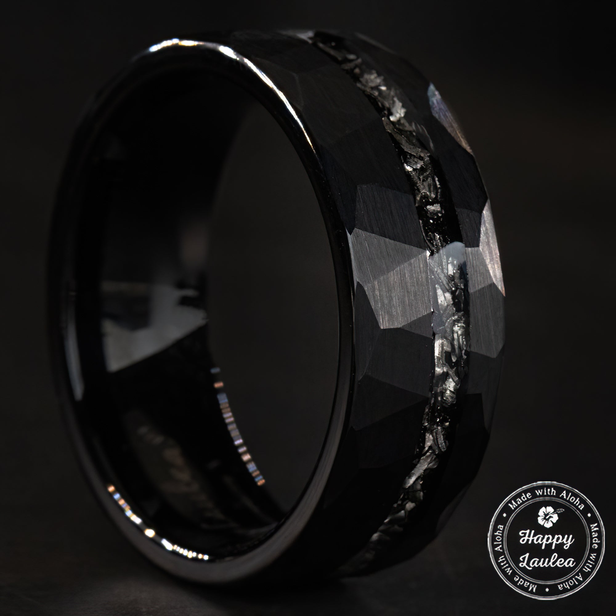 Black Tungsten Hammered Stonewashed Ring [8mm width] Meteorite Inlay