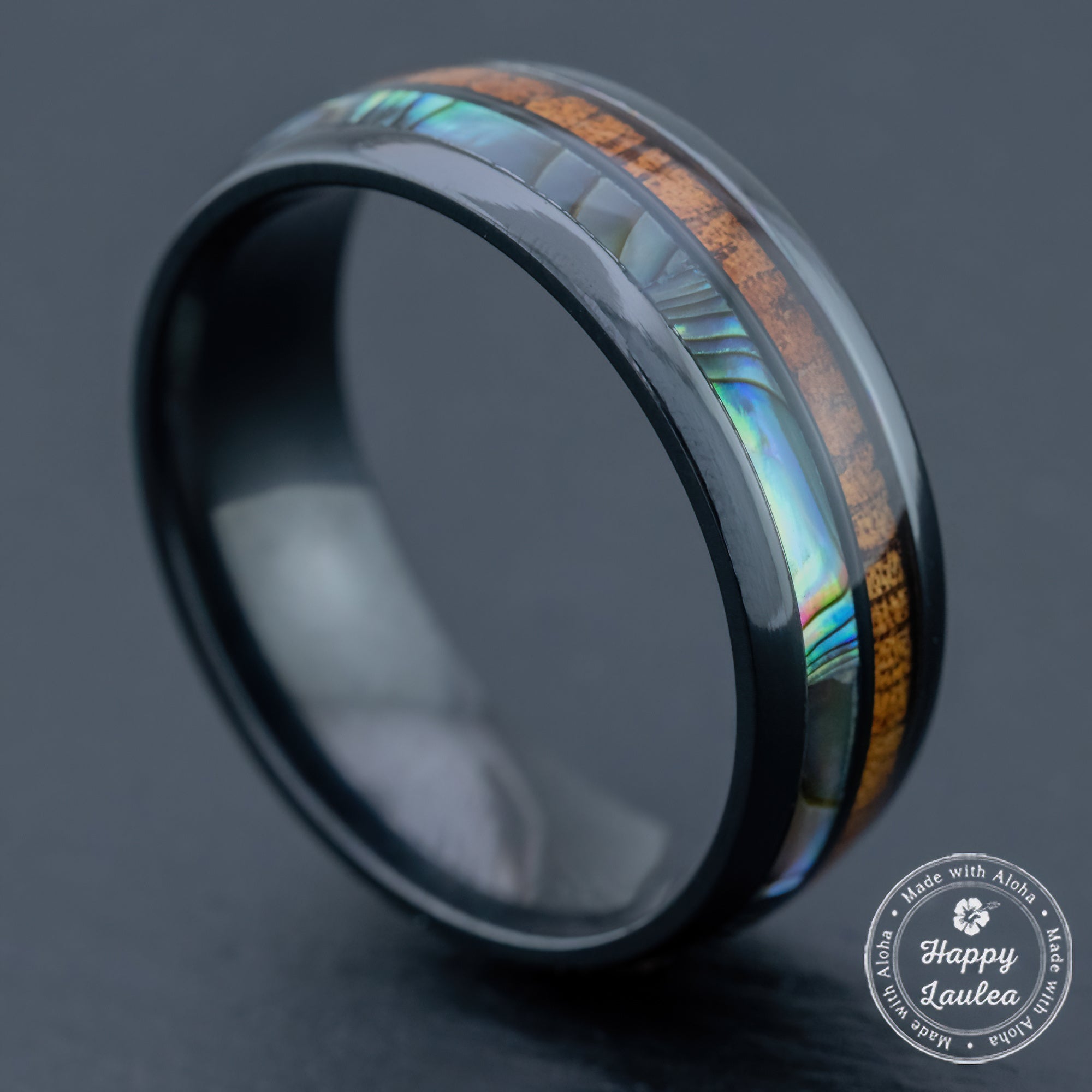 Black Zirconium Ring [8mm width] Abalone Shell & Hawaiian Koa Duo-Inlay