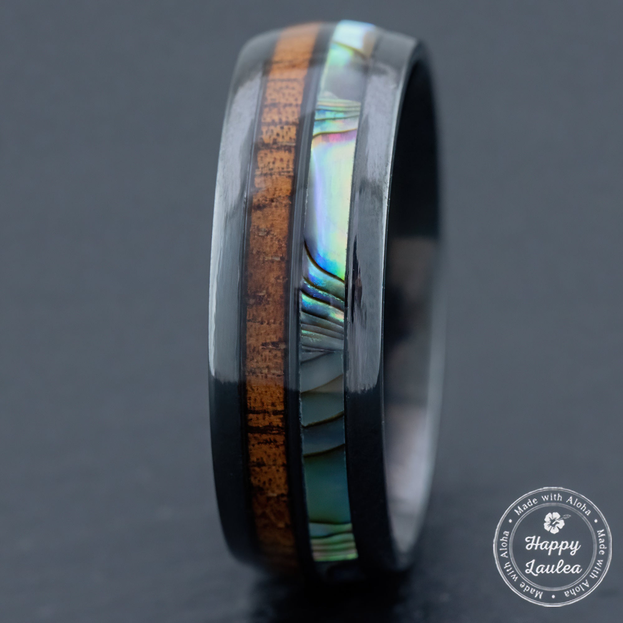 Black Zirconium Ring [8mm width] Abalone Shell & Hawaiian Koa Duo-Inlay