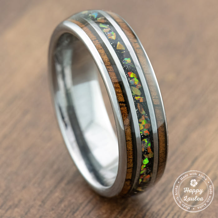 Tungsten Carbide Ring [6mm width] Fire Opal & Hawaiian Koa Wood Tri-Inlay