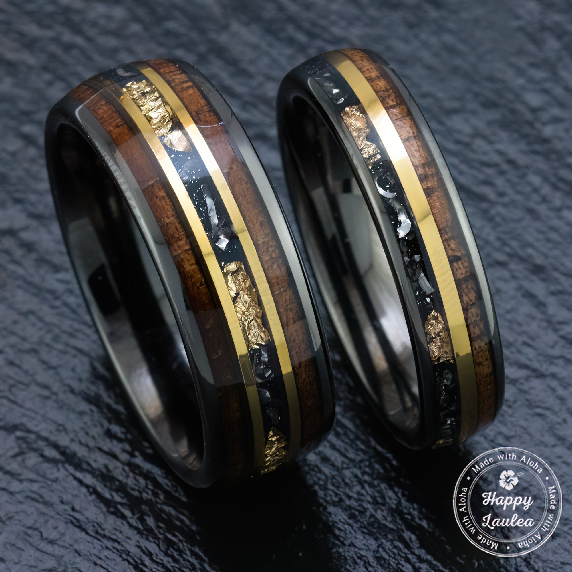 Pair of Gun Grey Tungsten Carbide Ring [5&8mm width] 18K Gold Flake, Meteorite, & Hawaiian Koa Wood