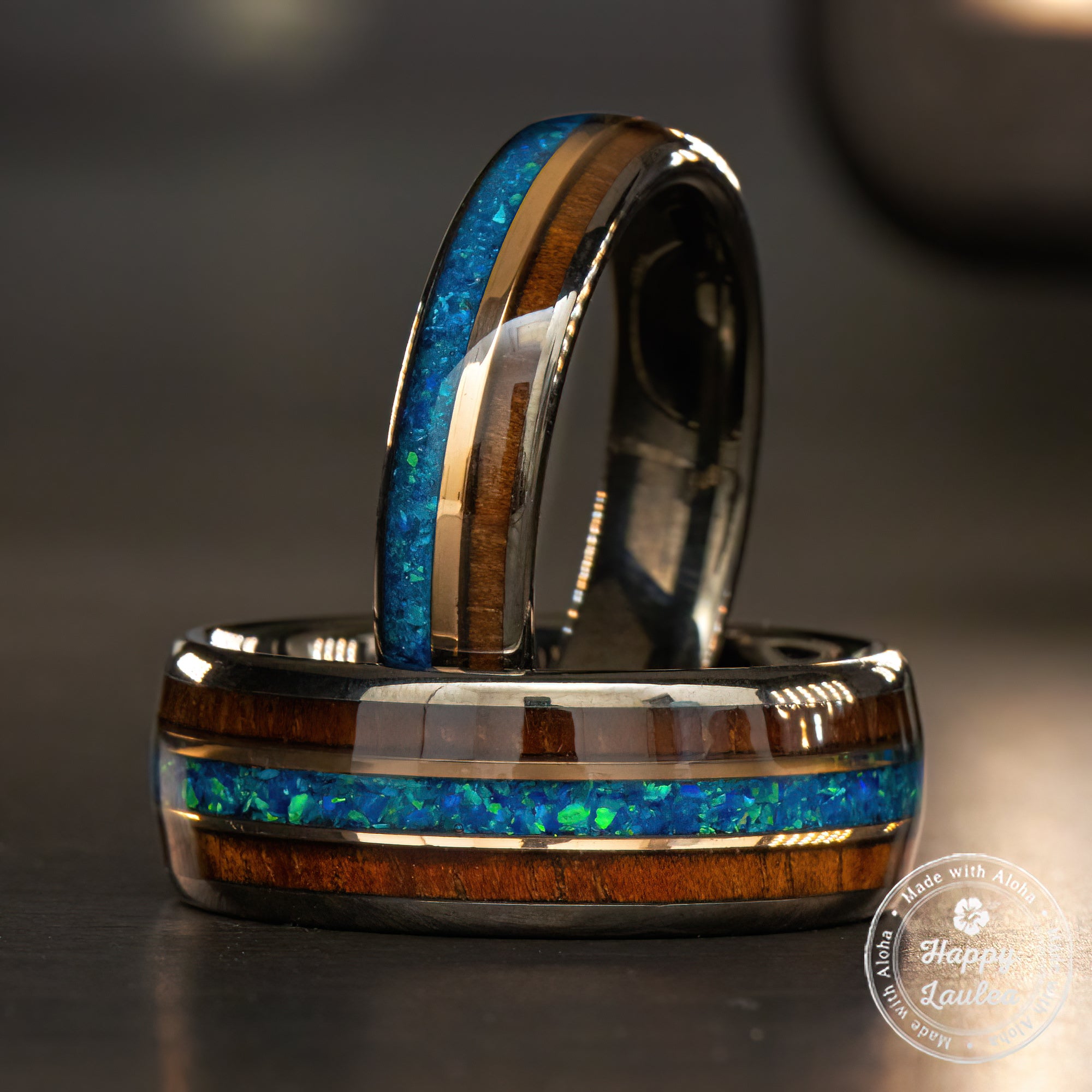 Pair of Gungrey Tungsten Carbide Mid-Rose Gold Strip Rings [5 & 8mm width] Azure Blue Opal & Hawaiian Koa Wood