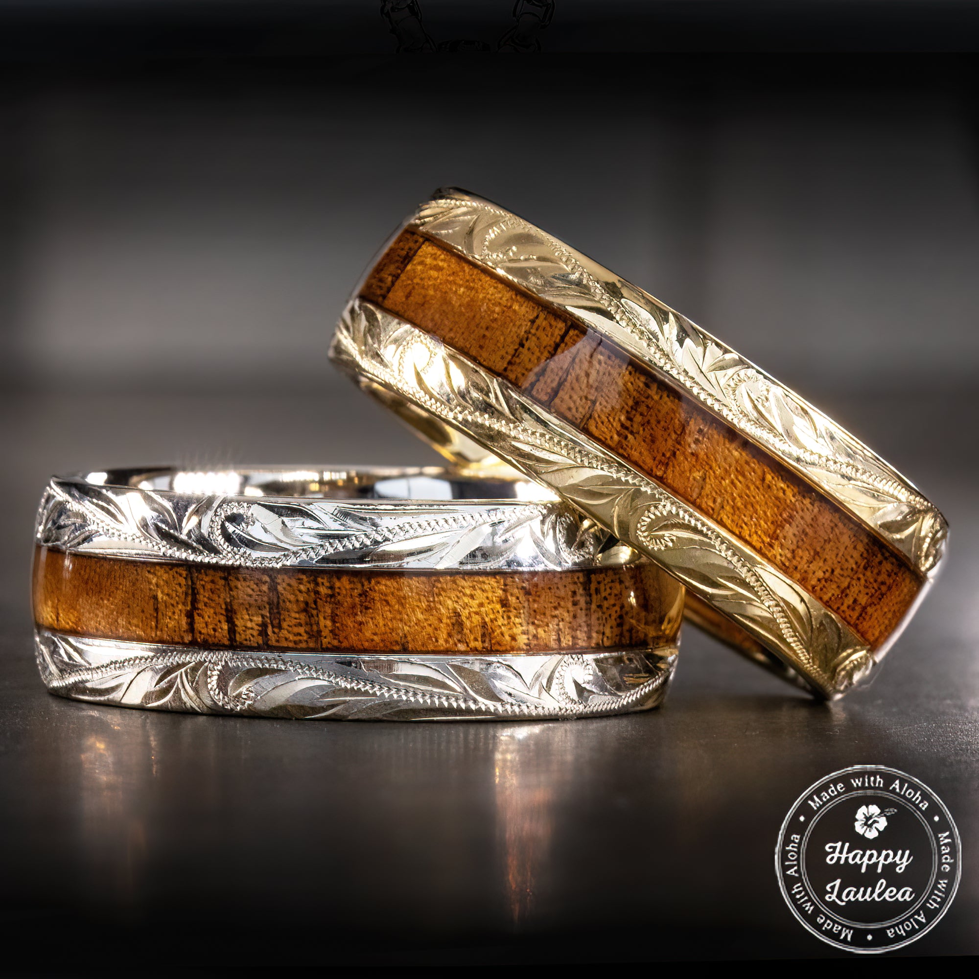 Pair of 14K Gold Hawaiian Hand Engraved Rings [6&8mm] Koa Wood inlay - Barrel Shape