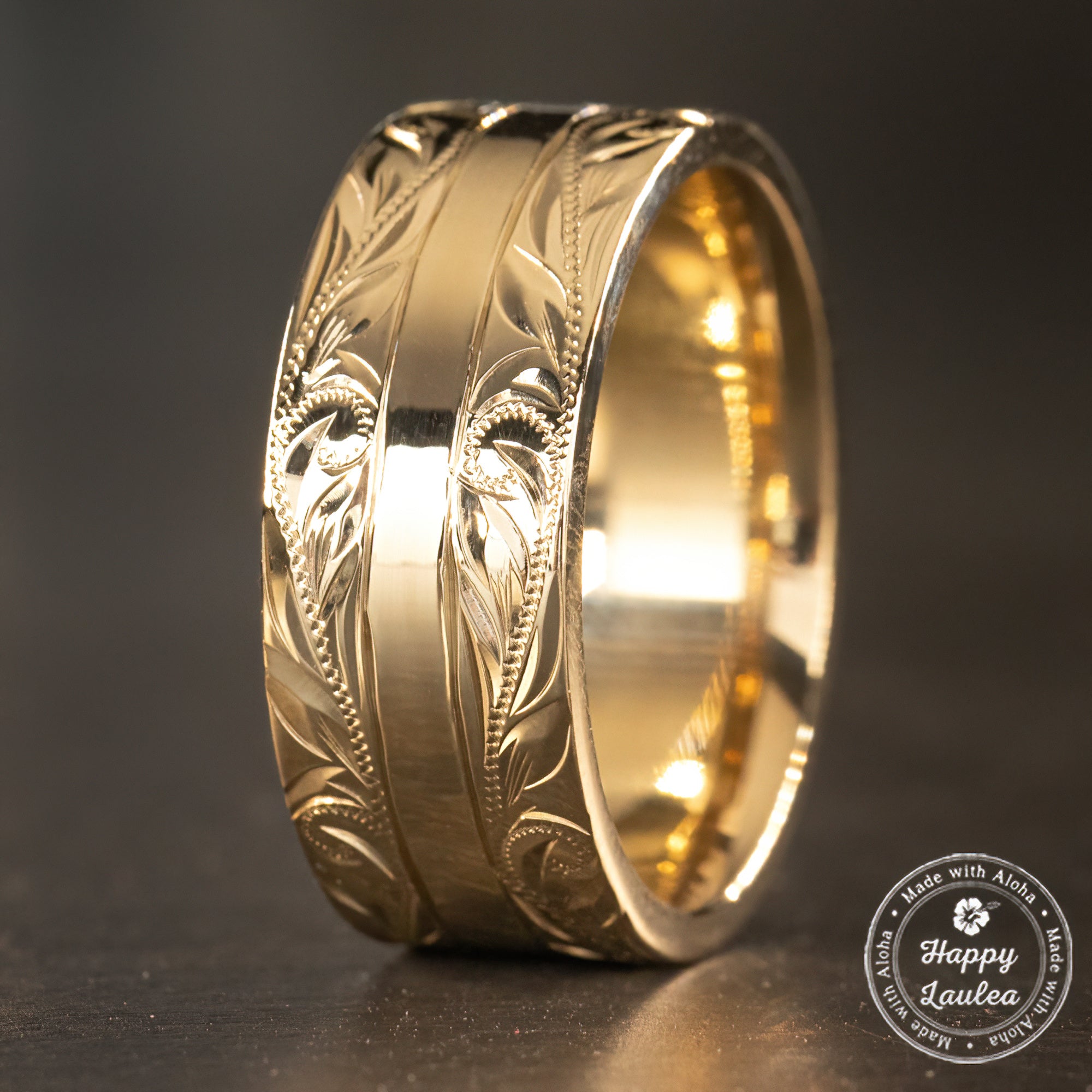 Solid Gold Contemporary Hawaiian Jewelry Ring [8mm width] Hand Engraved Old English