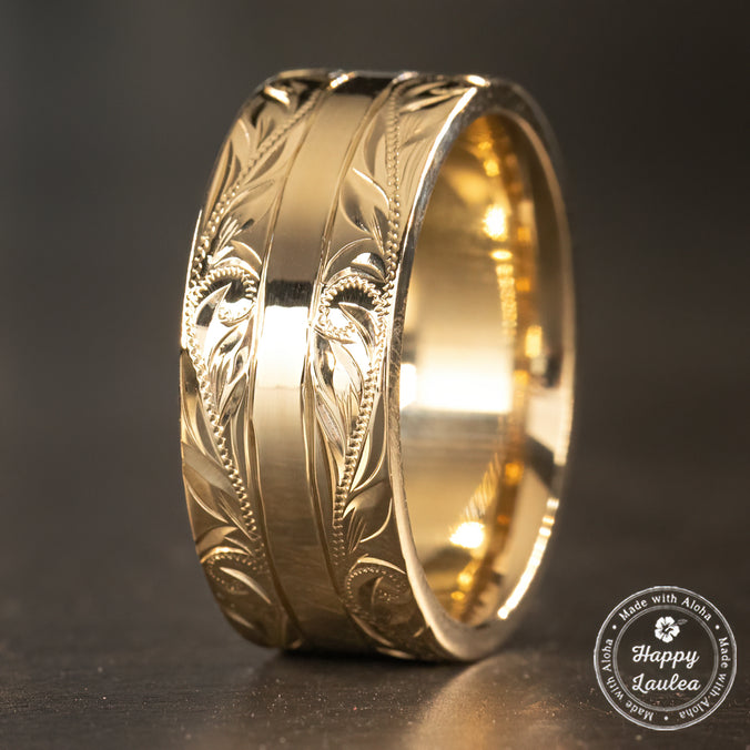 Solid Gold Contemporary Hawaiian Jewelry Ring [8mm width] Hand Engraved Old English
