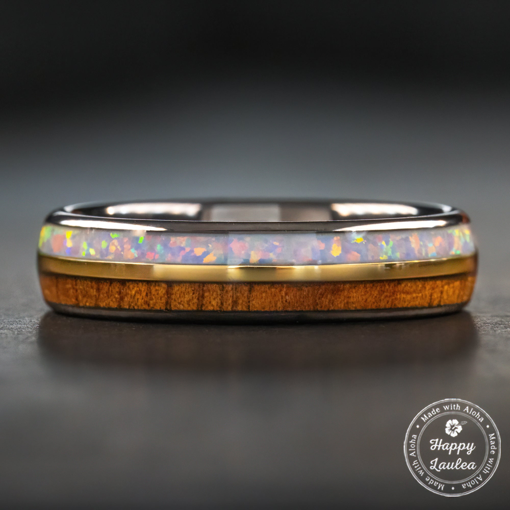 GunGrey Tungsten Carbide with Mid-Gold Strip [5mm width] White Opal & Hawaiian Koa Wood