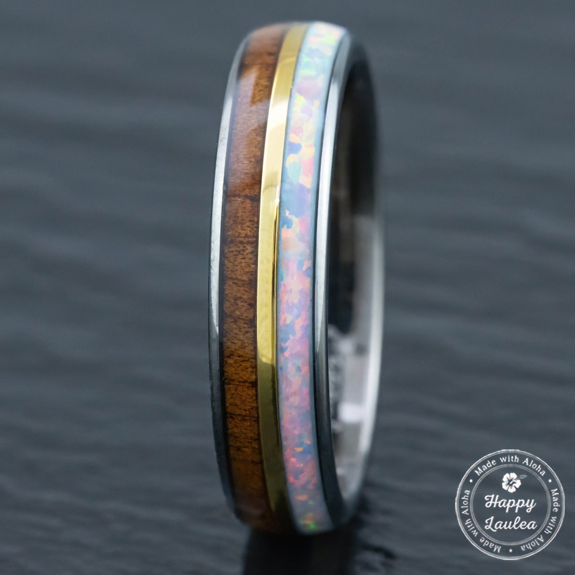 GunGrey Tungsten Carbide with Mid-Gold Strip [5mm width] White Opal & Hawaiian Koa Wood