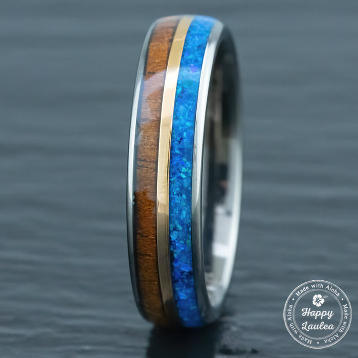 GunGrey Tungsten Carbide with Mid-Rose Gold Strip [5mm width] Blue Opal & Hawaiian Koa Wood