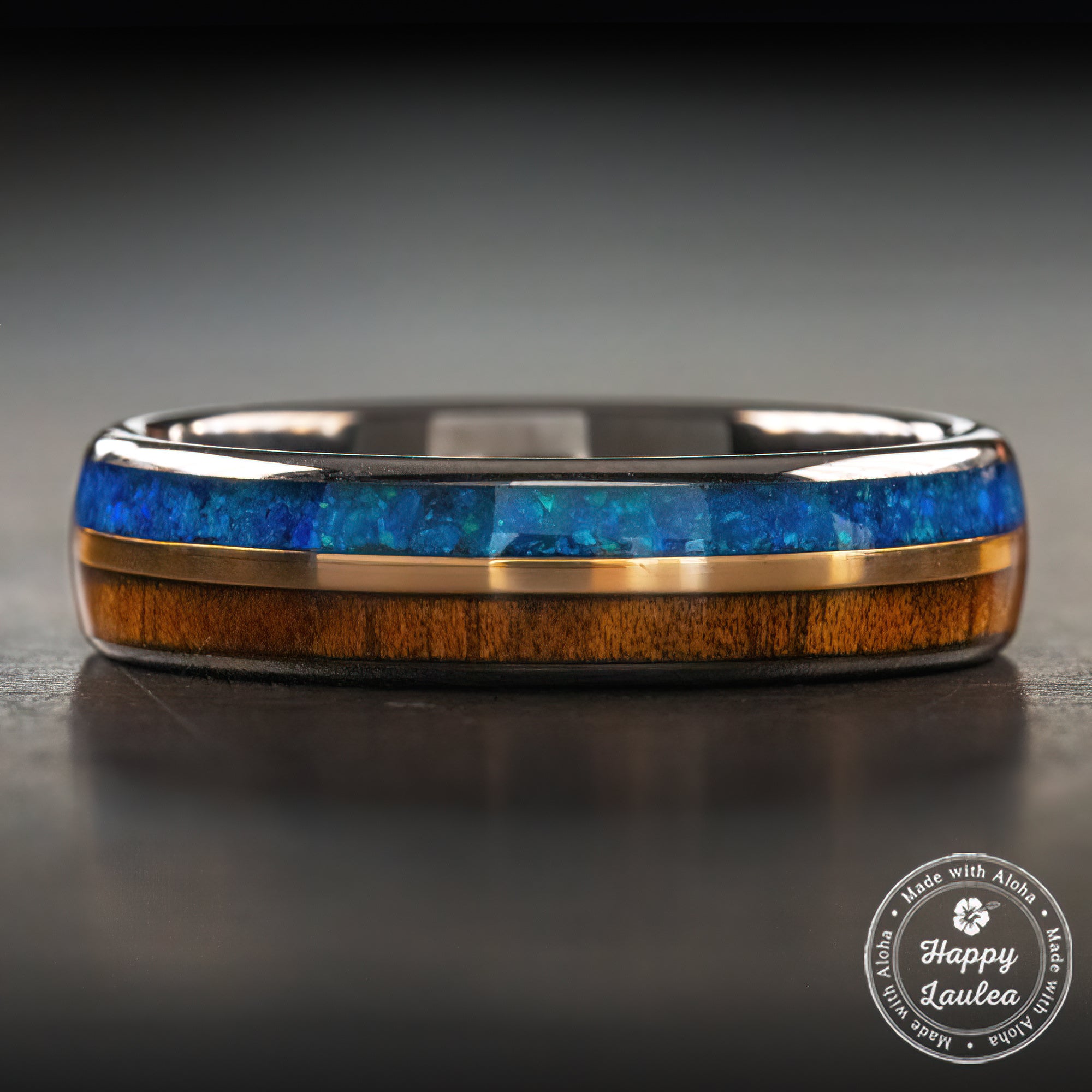 GunGrey Tungsten Carbide with Mid-Rose Gold Strip [5mm width] Blue Opal & Hawaiian Koa Wood