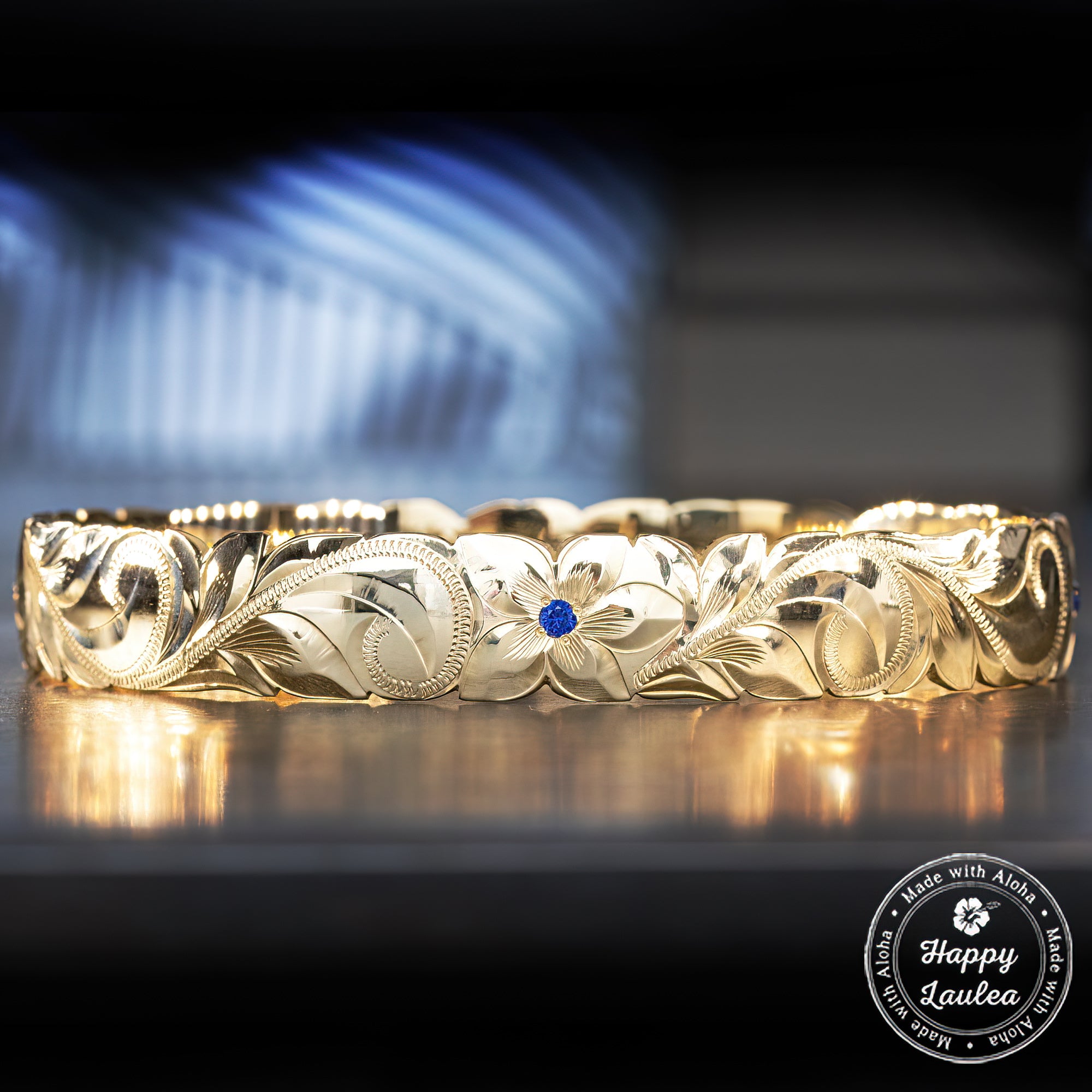 Hawaiian Heirloom Bracelet [12mm width]  Solid Gold Sapphire Settings