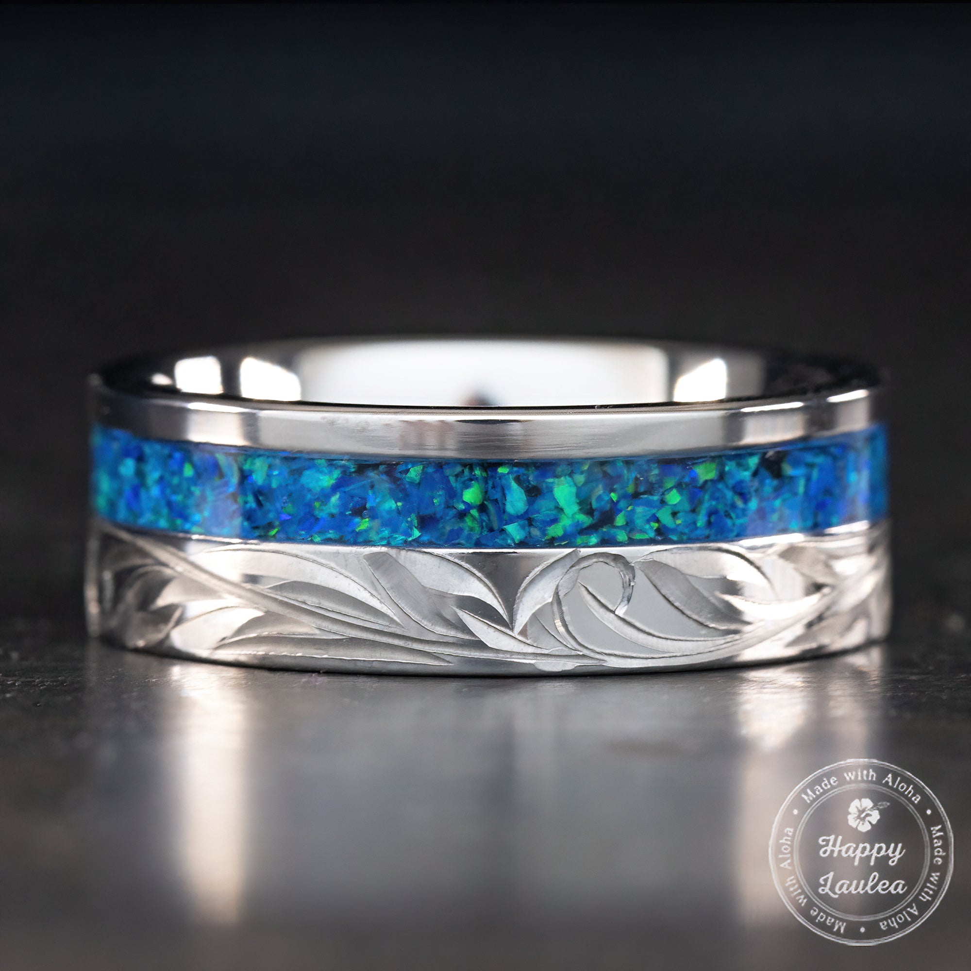 Titanium Hand Engraved Ring [8mm width] Azure Blue Opal