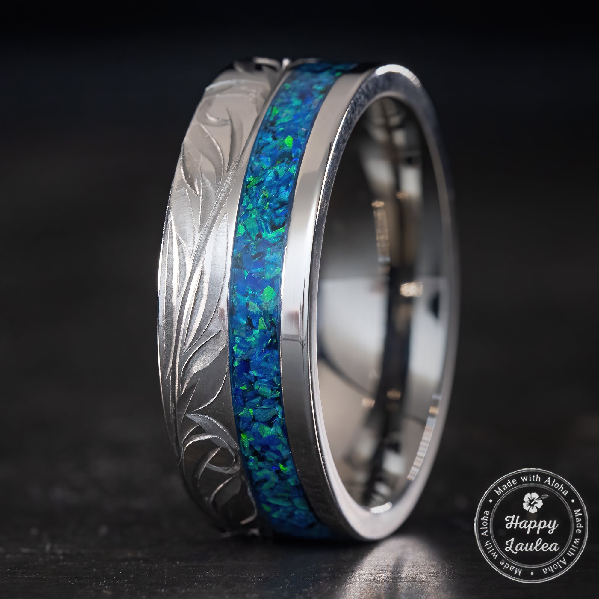 Titanium Hand Engraved Ring [8mm width] Azure Blue Opal