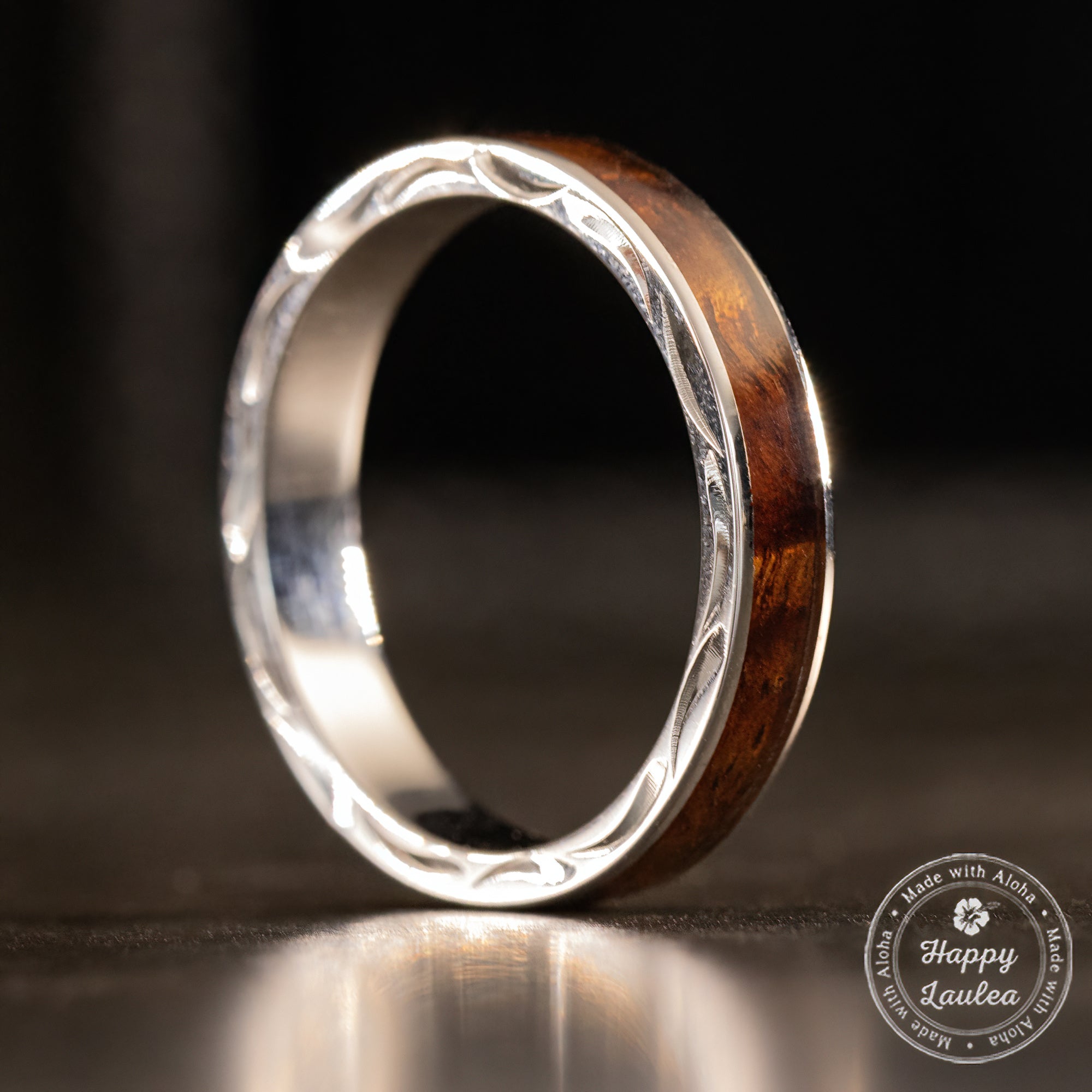 Sterling Silver Ring [4mm width] Hawaiian Koa Wood Inlay